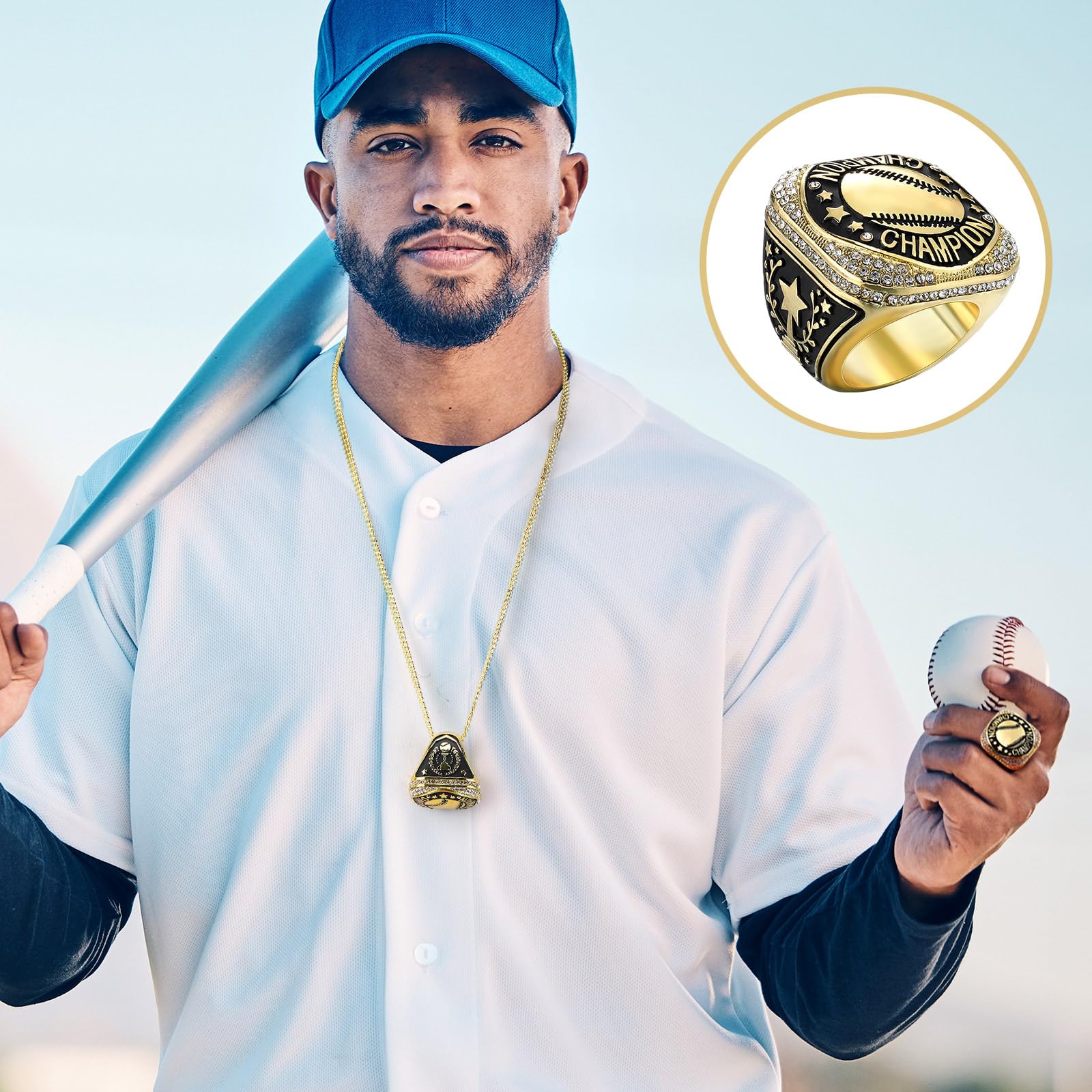 Highergo Fußball-, Basketball-, Softball-Meisterschaftsringe mit Display-Hals-Kette und Ständer, für Baseball, Volleyball, Fußball, Cheer, Trophäe, für Turnierauszeichnung, Geschenk, 20 Stück