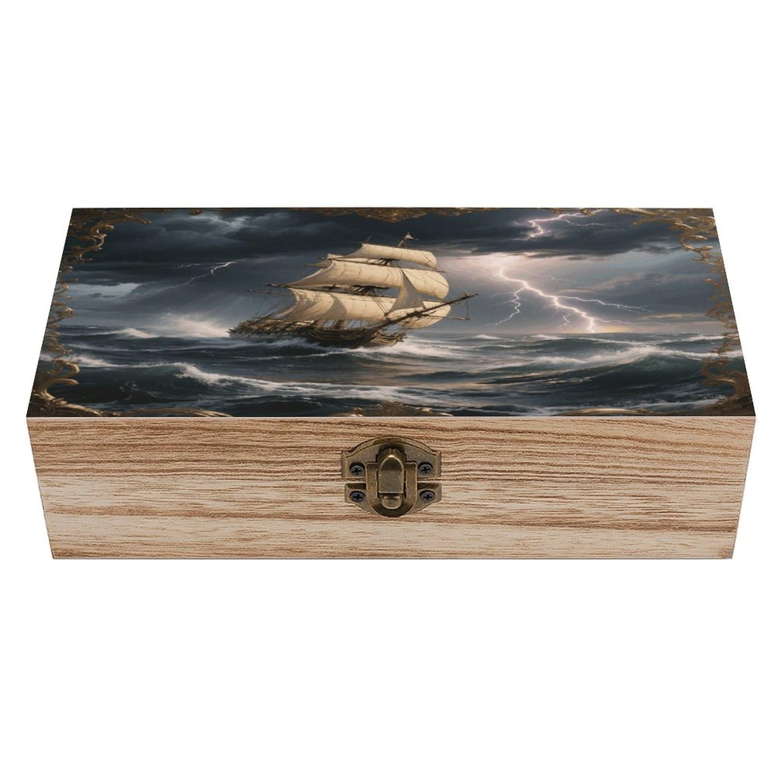 VstaDank Sailing Ship in Stormy Sea Wooden Storage Box Decorative Jewelry Case with Lids Exquisite Wood Box Letters Gifts Acacia Wood Boxes Fashion Wooden Keepsake Boxes for Men Women