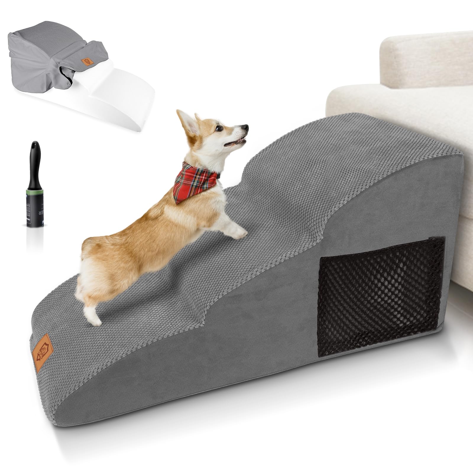 Myiosus Scale per Cani di Piccola Taglia, Portatile Scaletta per Cani 3 Gradini, Allungare Passaggi, Antiscivolo Scala per Gatti con Rivestimento in Tessuto Rimovibile, con 1 Rotolo di Lanugine