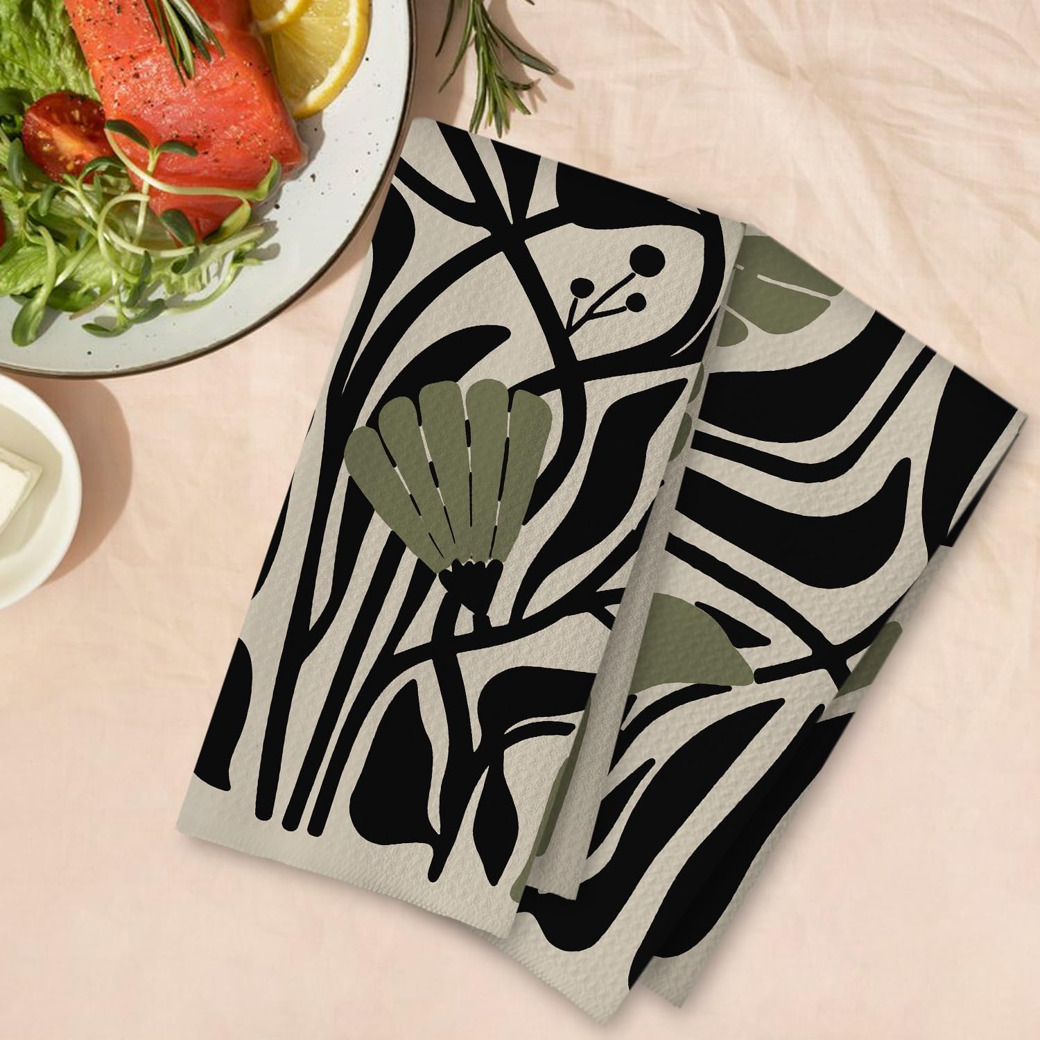 Abstract Dark sage Green and Black Boho Floral Kitchen Towels Set of 2, 70s Retro Groovy Botanical Dish Tea Towels for Kitchen Bathroom Decor, Mid Century Modern Hand Towels, 16x24 Inch - Image 4
