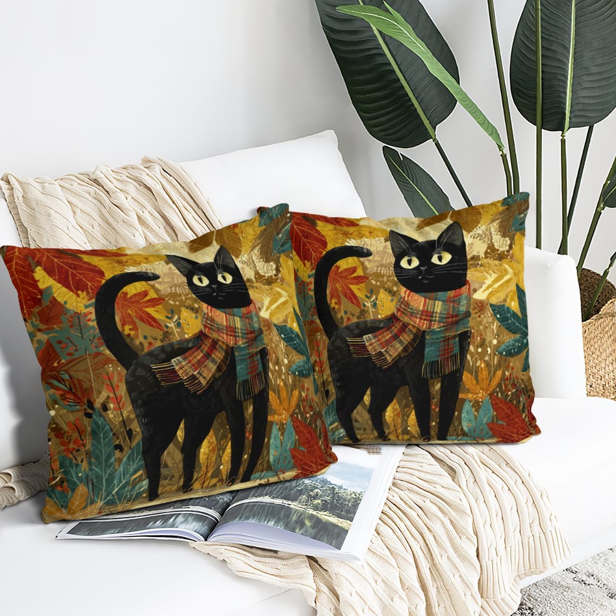 Fall Black Cat Maple Leaf Throw Pillow Cover 28x28 Inch Set of 2 Autumn Thanksgiving Outdoor Cushion Case Decoration for Home Sofa Couch