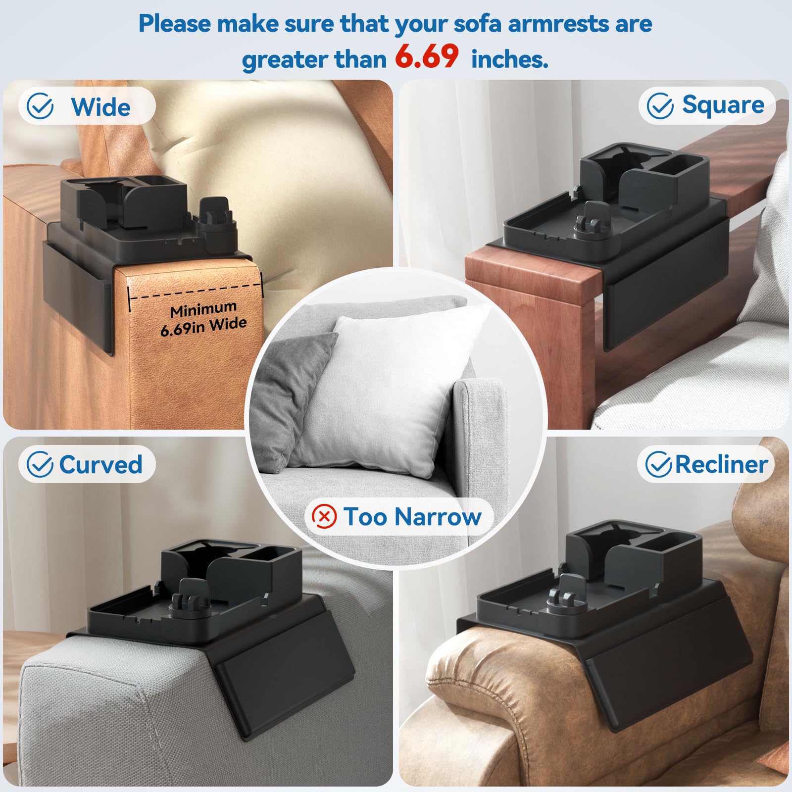 Couch Cup Holder, Anti-Slip Sofa Armrest Tray with Dual Side Pockets - Image 2