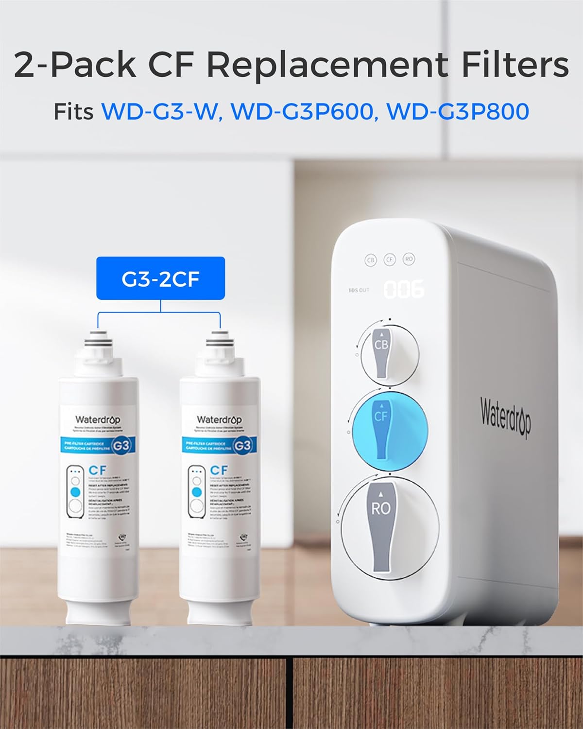 Waterdrop G3-2CF Filter, Replacement for Waterdrop G3-W & G3P600 & G3P800 Reverse Osmosis System, Pack of 2 G3-N1CF, 6-month Lifetime