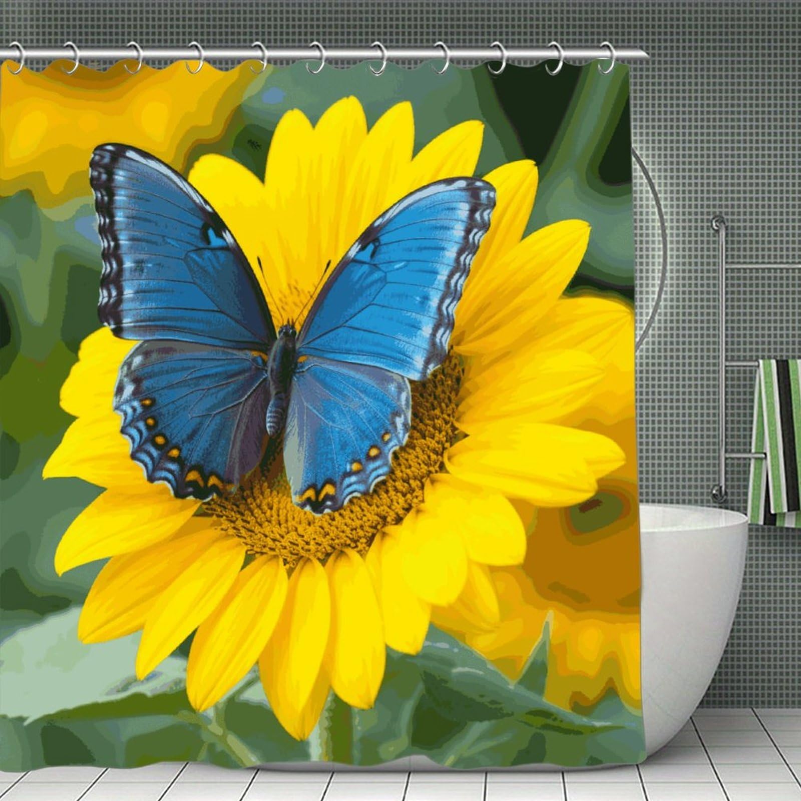 FekiLoot Sunflower Blue Butterfly Shower Curtain Minimalist Thick Bathroom Curtain Washable Modern Bathroom Shower Curtain Heavy Duty Waterproof Cloth Bath Curtain with Hooks 70.8"x70.8"