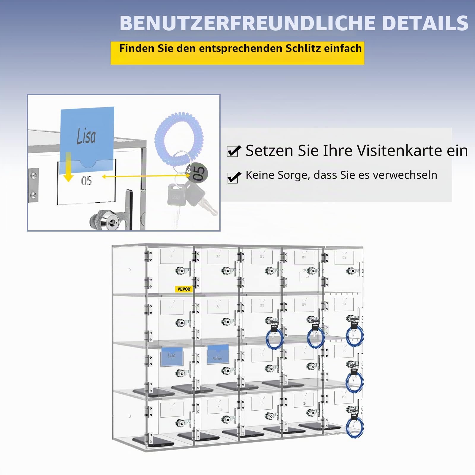 VEVOR Handy-Aufbewahrungsspind, 20 Fächer, Acryl, mit Türschlössern, Wandmontierter Schrank