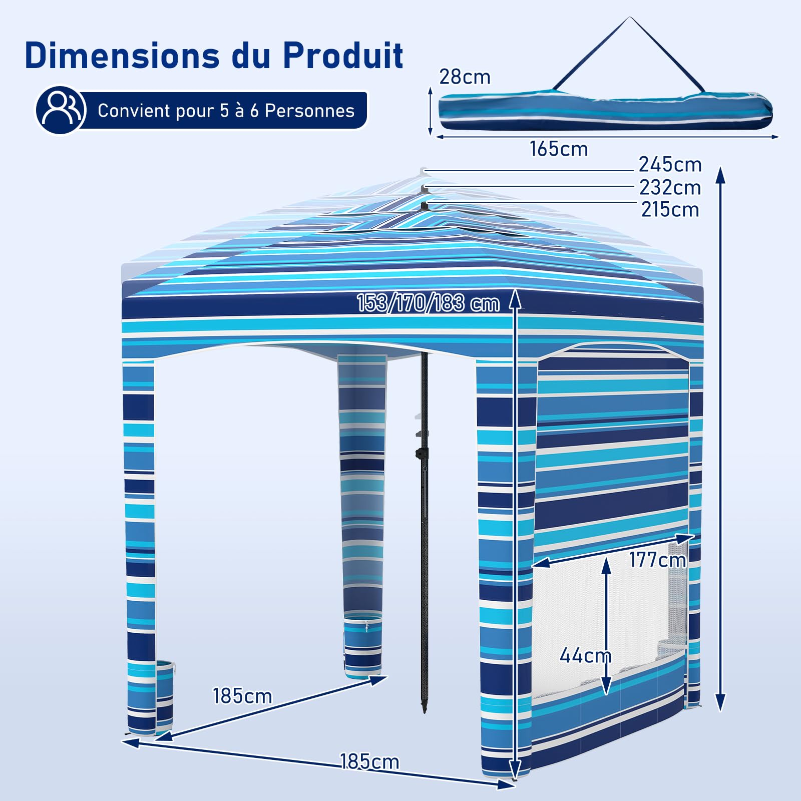COSTWAY Tonnelle de Plage Pliable 185 x 185 cm, Abri de Plage avec Parois Latérale Amovible, Hauteur Réglable, Poches à Sable, Tente à Auvent Sac de Transport, Protection UV 50+, Bleu
