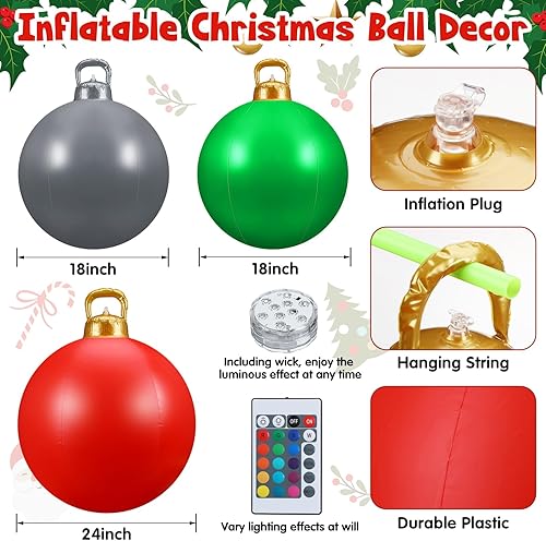 Miniatura 2 de Jetec 3 piezas de bolas de Navidad iluminadas al aire libre, grandes bolas inflables de PVC decoradas con luz y control remoto, bolas de adornos de