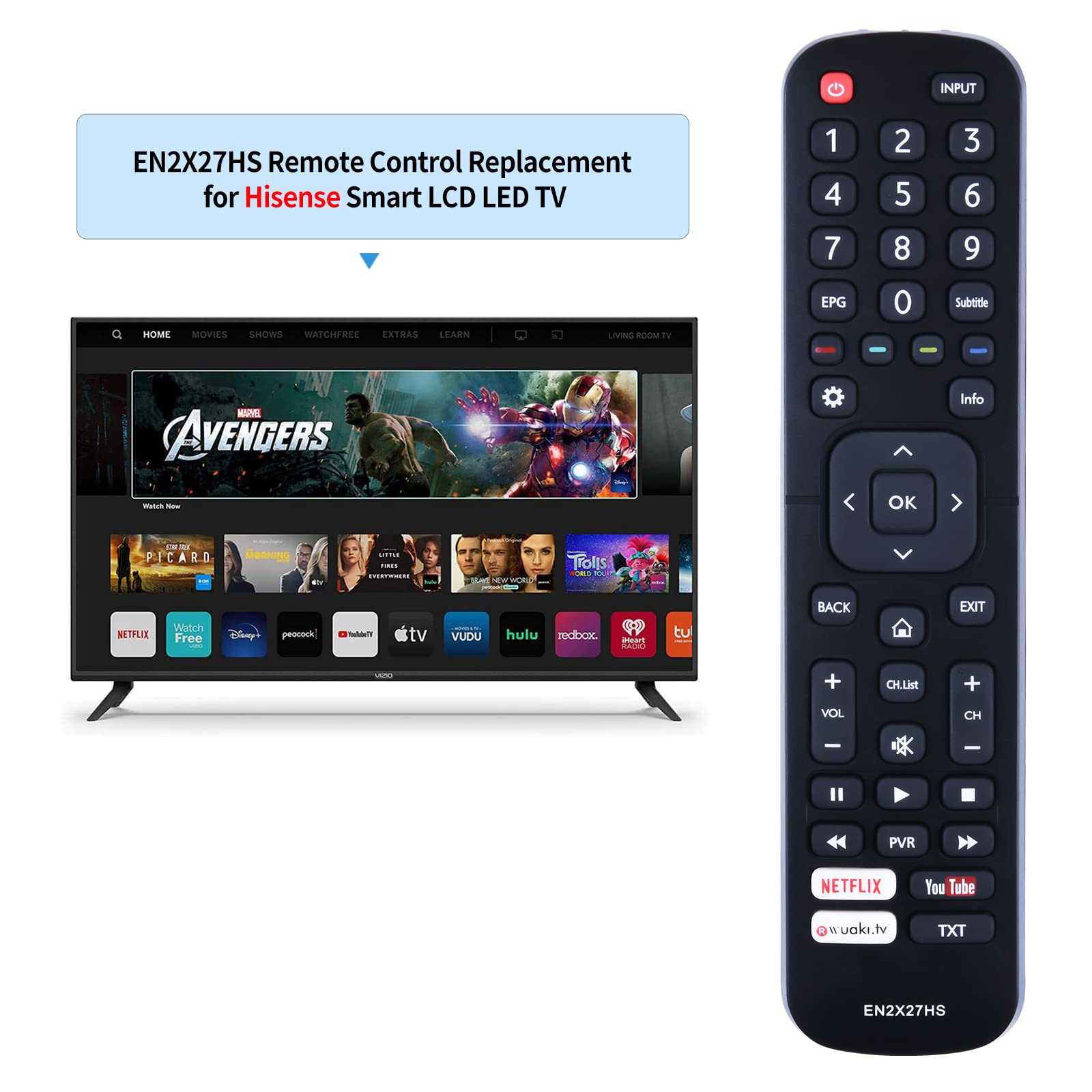 EN2X27HS Telecomando di ricambio - VINABTY Telecomando per Hisense TV H55M3300 H49M2600 H65N5300 HE40K3300 H40M3300 HE43K300UWTS HE65K5500UWTS H49M3000 H43M3000 HE50K3300 H75M7900 H55MEC3050 H55EA6000