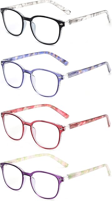 JM Reading Glasses Women with Spring Hinge 4 Pack, Lightweight Quality Vintage Readers Colorful Square Glasses for Ladies Magnifying