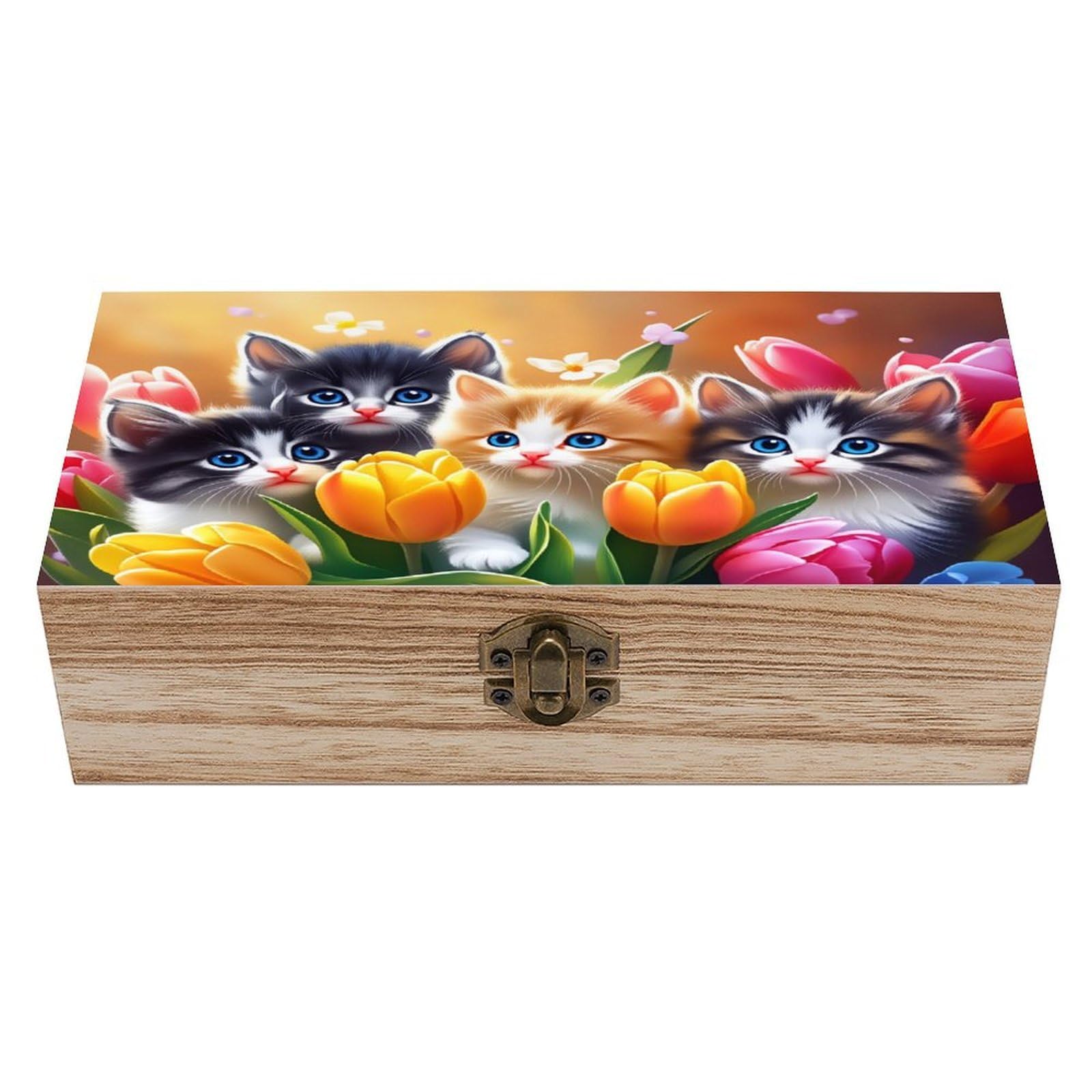 asbwuo Cute Floral Kitten Vintage Wooden Keepsake Box