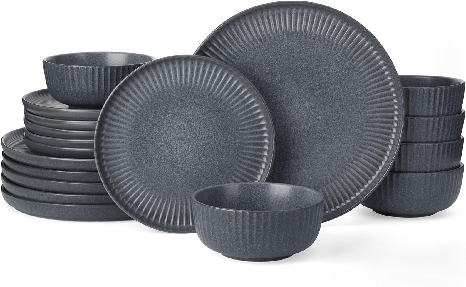 Famiware Starlight Plates and Bowls Dishes Set of 6 (18 Pieces), Ribbed Textured Stoneware Dinnerware Sets- Dishwasher & Microwave Safe, Chip Resistant, Matte Midnight Grey
