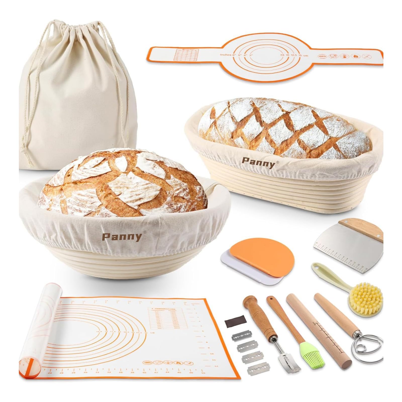 SYFUNLV Kit Boulanger 13 Pièces,Panier Rond en Rotin,Paniers à Pain en Rotin Naturel Faits Main,Panier de Fermentation pour Pain Maison,pour Pain et Levain