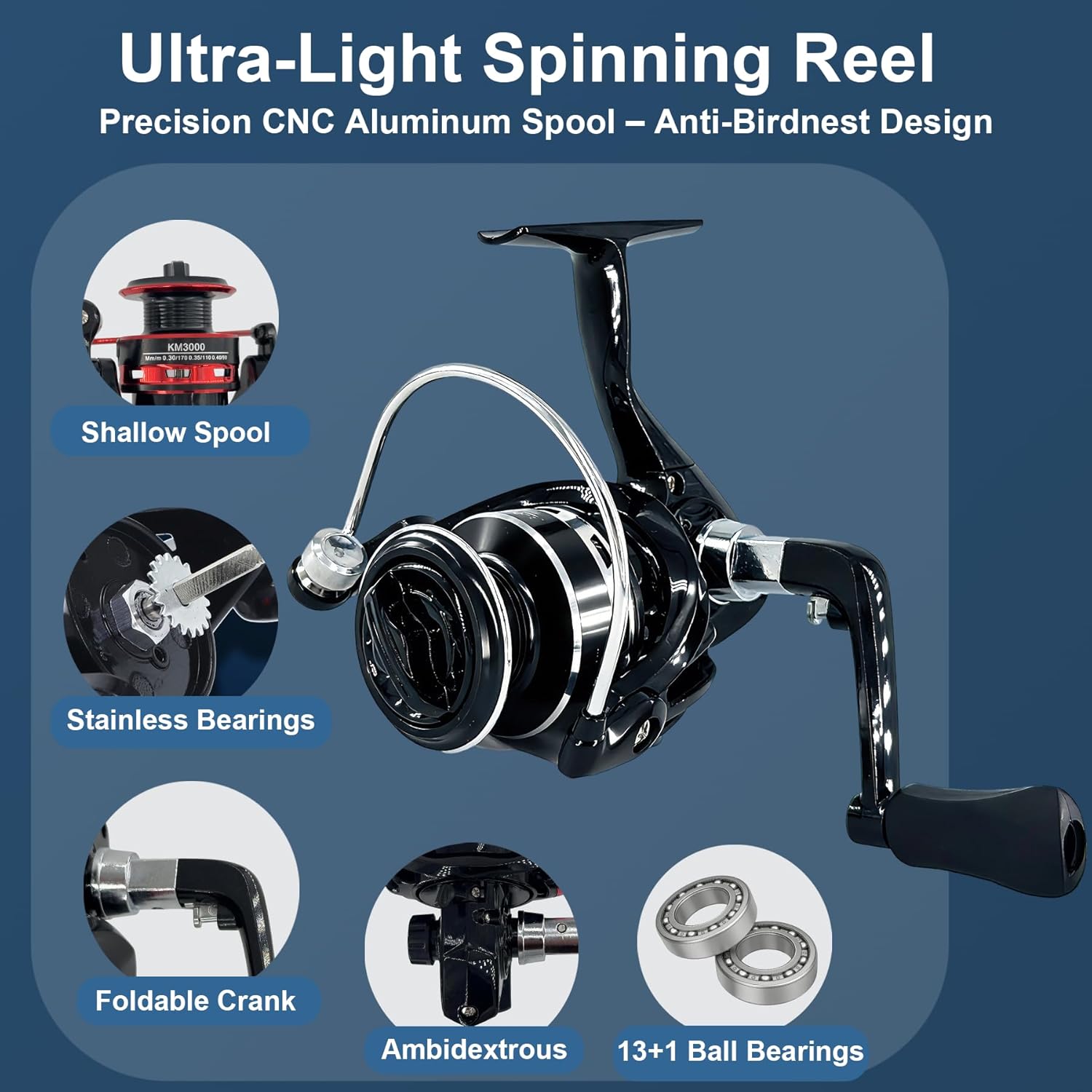 Fishing Spinning Rod and Reel Combo, Telescopic Carbon Fiber Fishing Rod with Ceramic Guides, Matched Spinning Reel, Portable Multi-Purpose Fishing Set, 6.9 Ft