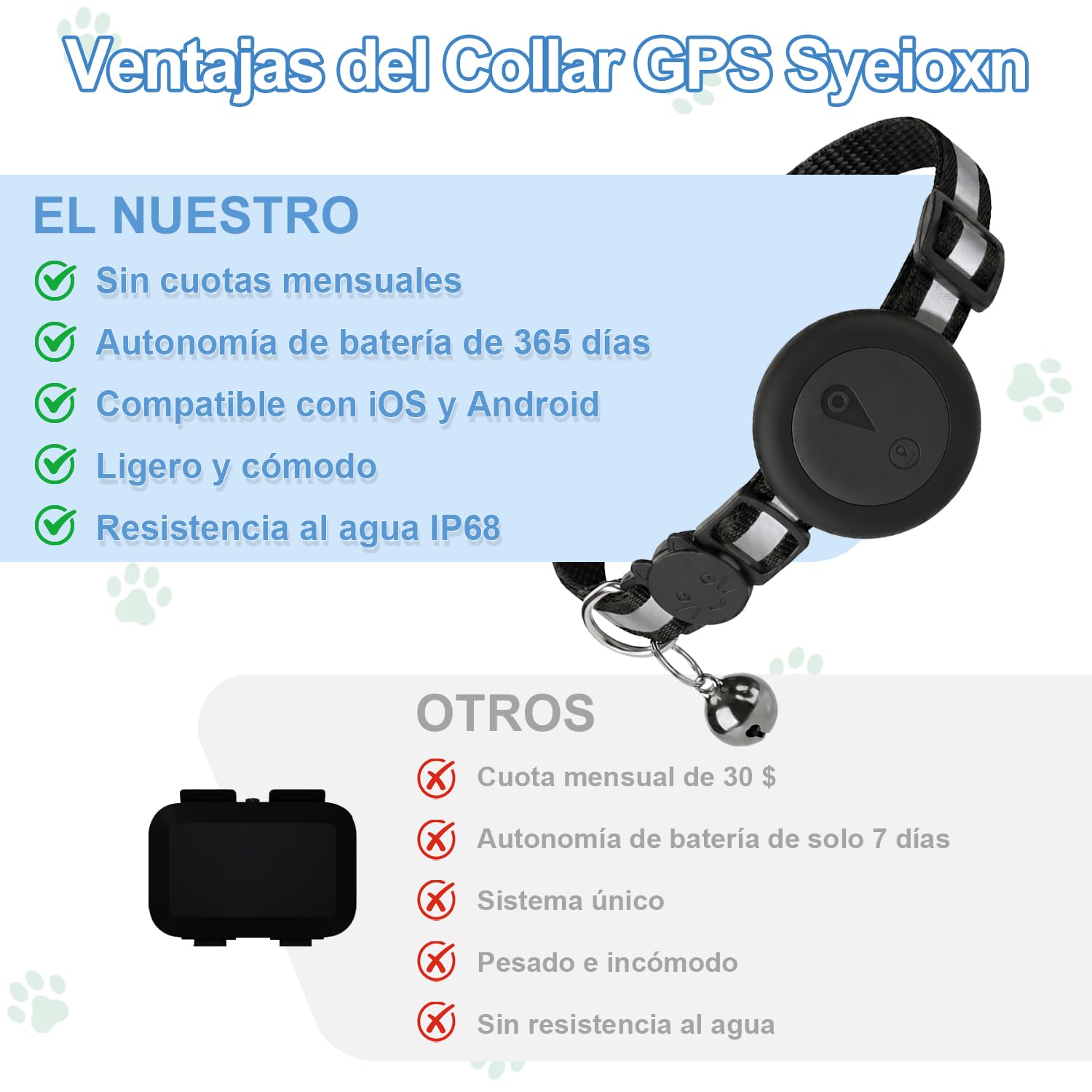Collar GPS Gatos 2 en 1,Localizador GPS Perros con Seguimiento en Tiempo Real y Funciones Antipérdida,Sin Suscripción,iOS/Android,Collar Ajustable con Cascabel,Apto para Perros Pequeños y Gatos-Negro