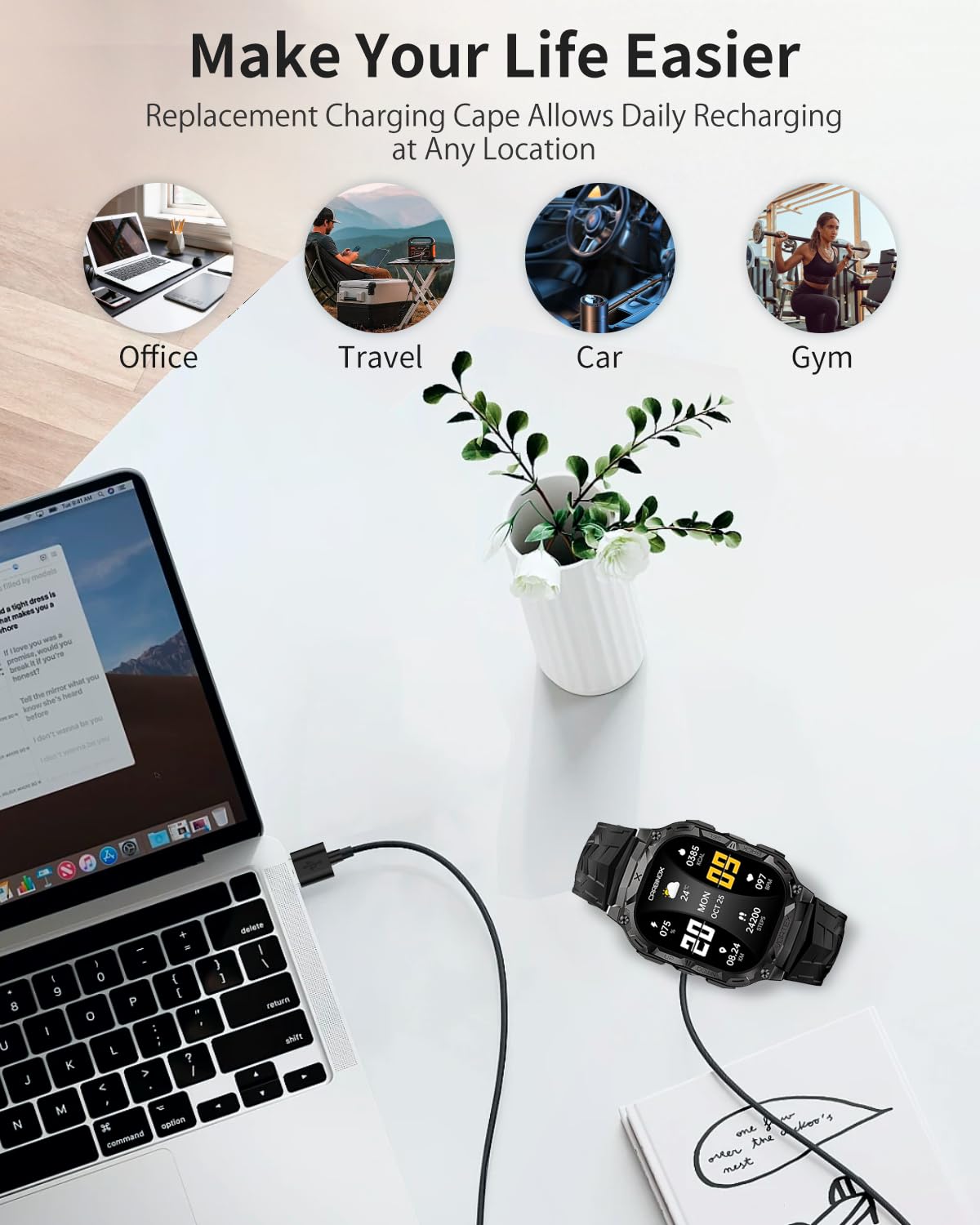 Caricabatterie per smartwatch ENOMIR IDW20, 100 cm, 2 pin, USB, portatile, magnetico, cavo di ricarica per smartwatch ENOMIR IDW20, confezione da 2