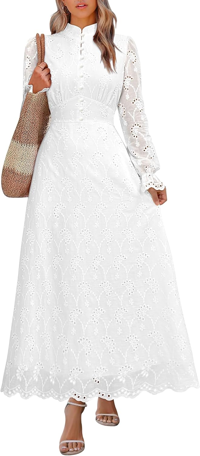 ANRABESS Wedding Guest Dresses for Women 2025 Fall Formal Long Sleeve Eyelet High Neck Elegant Classic Maxi Dress Pockets