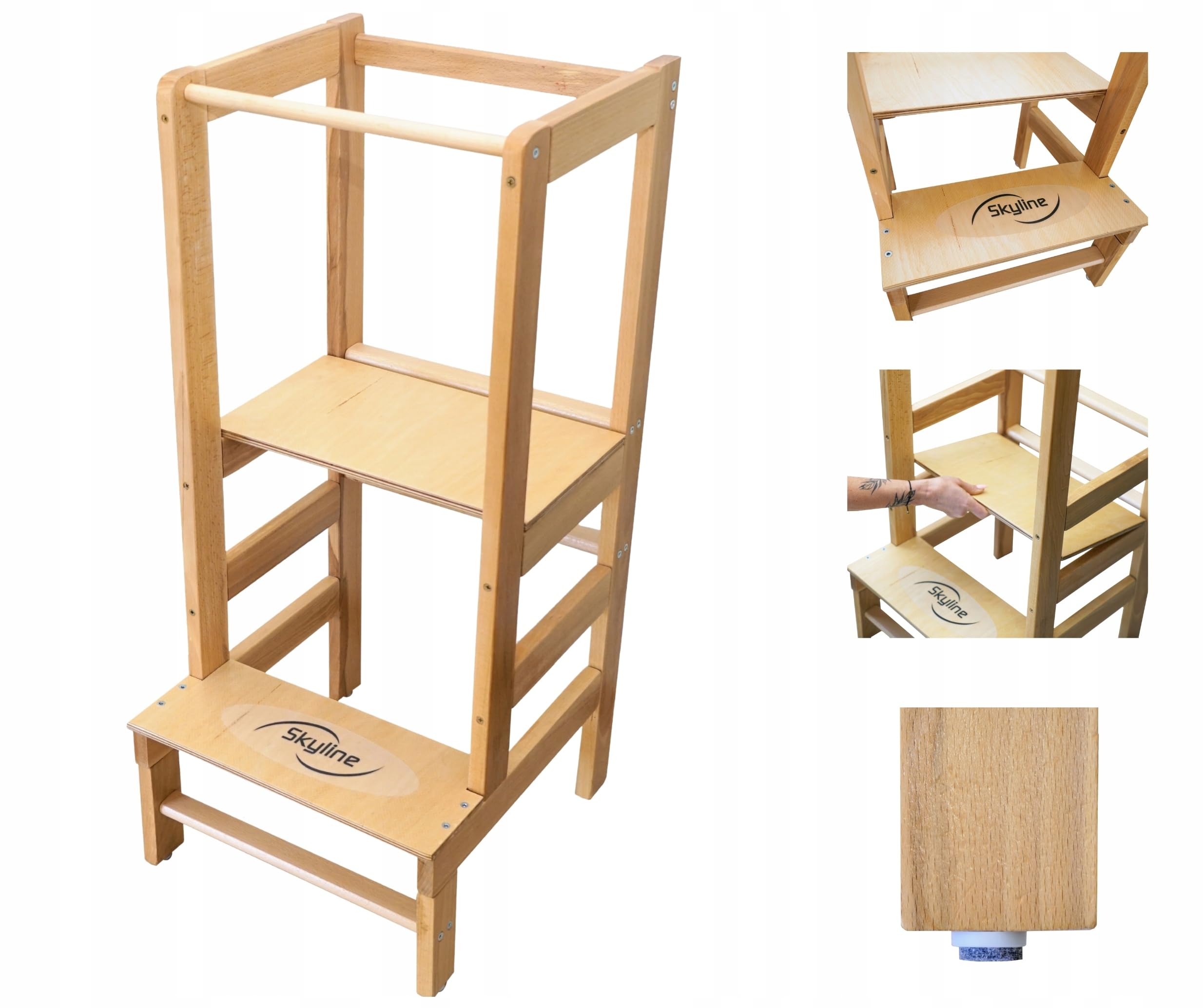 Skyline Baby Montessori wieża do nauki dla małych dzieci, stopień z regulowaną wysokością i szyną bezpieczeństwa (numer modelu 4)