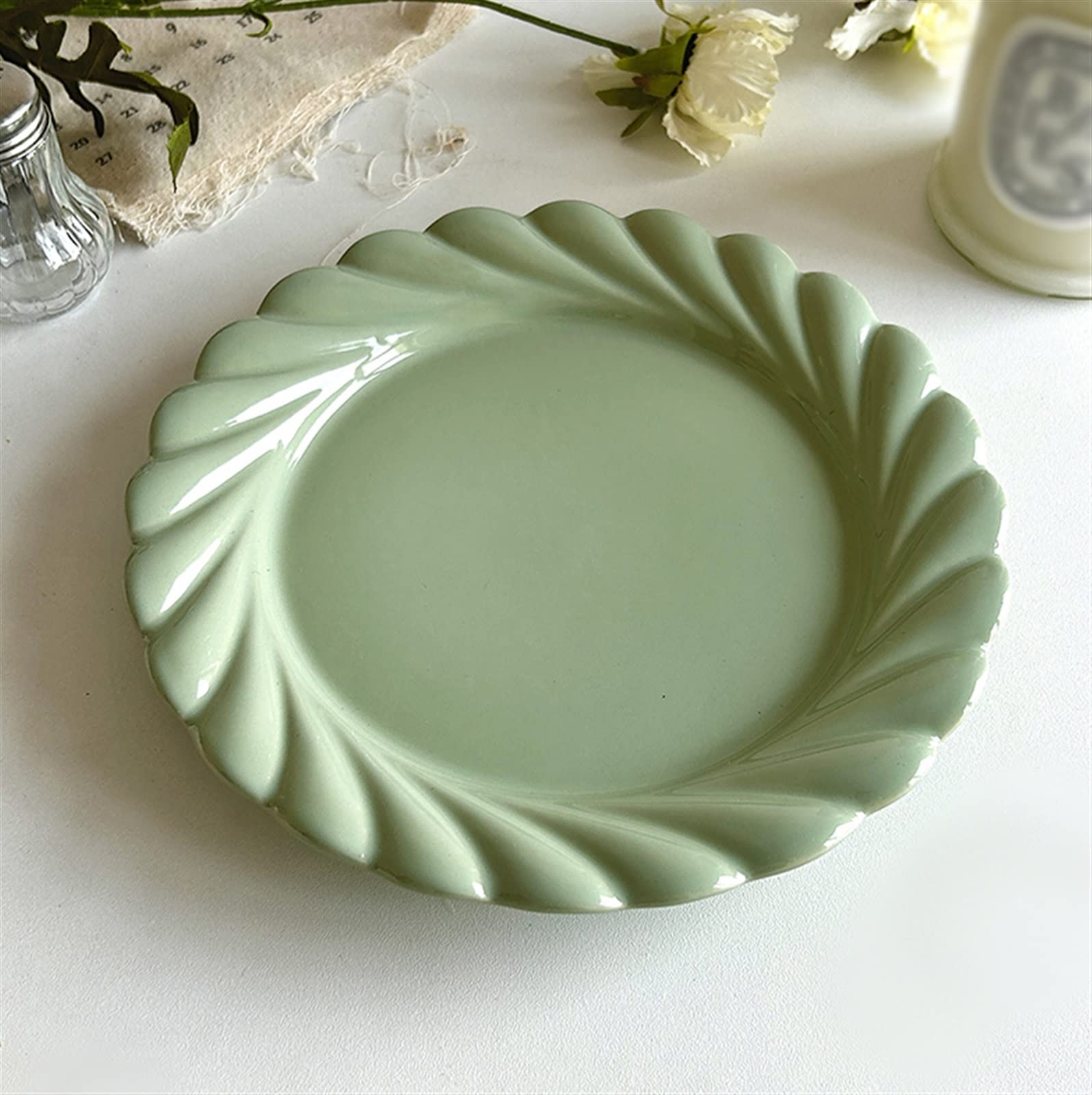 zastawa stołowa Vintage zielony talerz do jadalni domowy deser ciasto talerz owocowy talerz śniadaniowy koronkowy ceramiczny talerz do jadalni płaski talerz głęboki talerz czysta zieleń zestaw zastawy