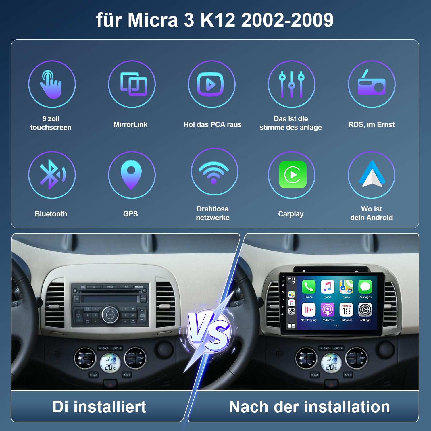 Autoradio pour Micra 3 K12 2002-2009 9 Pouces Poste Radio Voiture Bluetooth avec CarPlay Android Auto Navigation GPS avec FM/RDS Bluetooth WiFi SWC Écran Tactile Android 13 2+32G