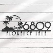 Personalized Tropical Beach House Number Metal Address Sign, Custom Palm Tree Home Number With Street Name Hanging Front Door Patio Decor (Tropical Beach House Number)