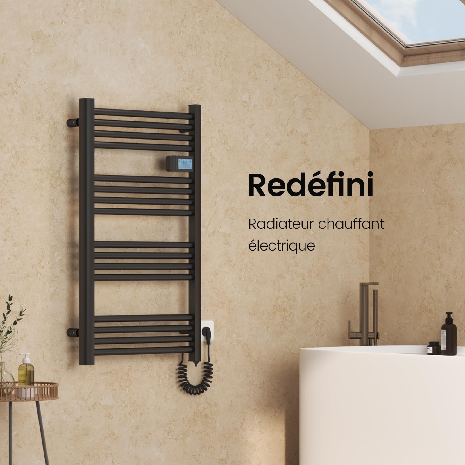 EMKE Sèche-Serviettes Chauffant Électrique 750 x 400 mm, Noir Mat 180 W | Porte-serviettes de salle de bain électrique avec interrupteur tactile et minuterie, sèche-serviettes électrique