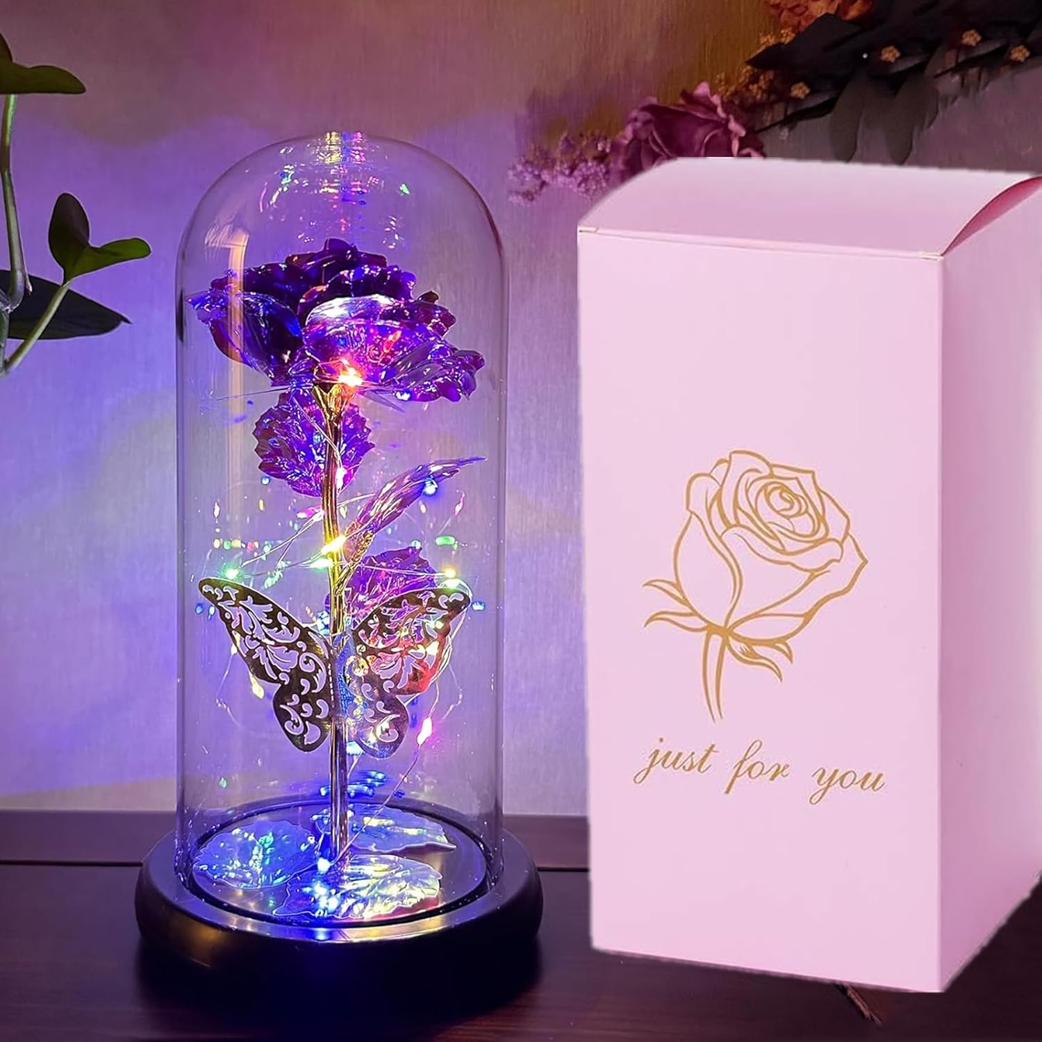 Rose Flower Women mom Birthday Gift Artificial Flower Crystal Rainbow Rose LED Light Strip Lighted Glass Dome Everlasting Rose Flower Gift for Mother Wife Girlfriend Flower Gift