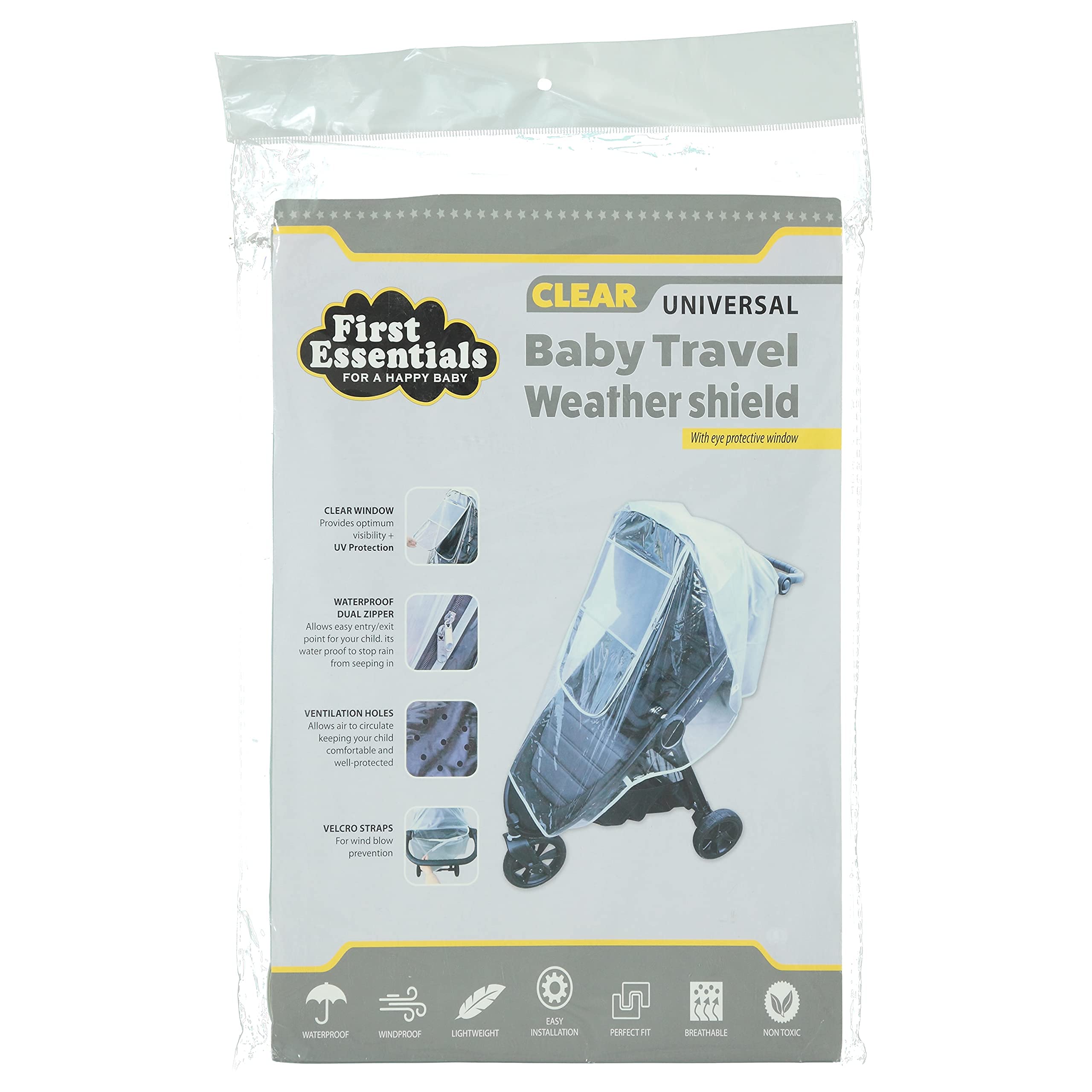 First Essentials Funda universal para cochecito de lluvia para viaje, protección contra la intemperie, resistente al viento, resistente al agua, protege del polvo y la nieve (transparente)