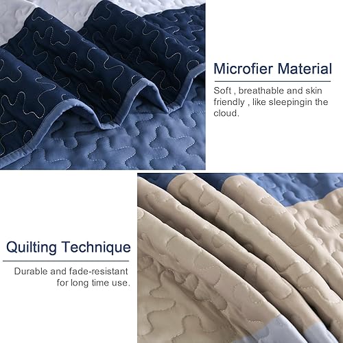 Miniatura 5 de Juego de edredón azul tamaño King, juego de ropa de cama bohemio gris a rayas de microfibra bohemio de 3 piezas, colcha ligera de granja para