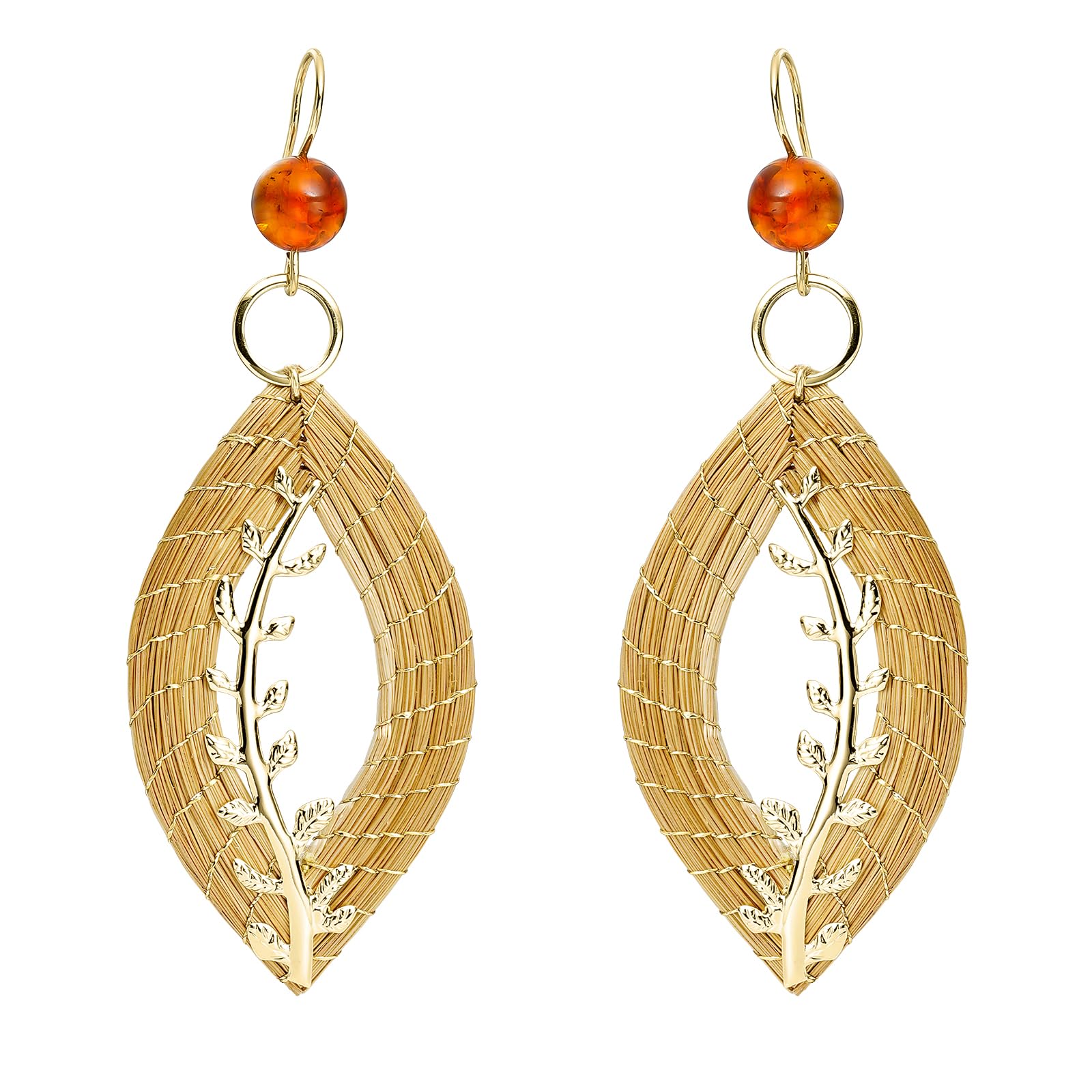 VERA NAVARRO - Orecchini Foglia Aperta 5 cm in Oro Vegetale con Ambra - 100% Naturale Fatto a Mano - Bigiotteria Artigianale