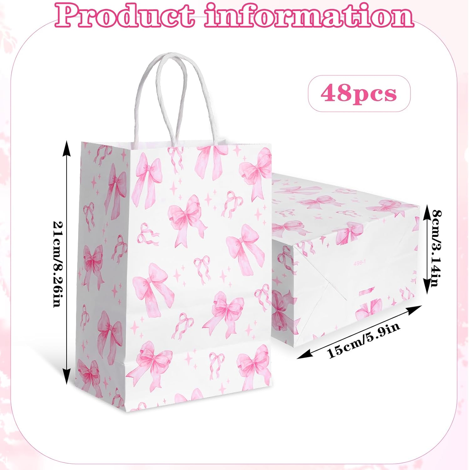 Oqqlin 48 Pcs Bow Paper Gift Bags with Handles, 8.3 x 5.9 x 3.1 Inch Pink Bow Print White Paper Bags Party Favor Goodie Candy Tote Bag for Birthday, Wedding, Baby Shower, Valentine's Day - Image 2