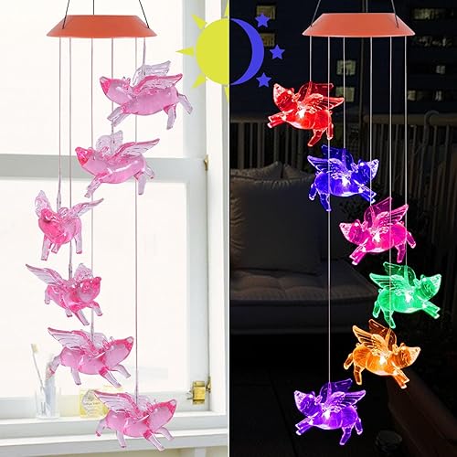 ME9UE Solar Fly Pigs Wind Chimes, Outdoor Waterproof Mobile Romantic