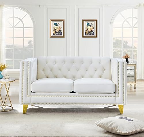 Miniatura 9 de Sofá de terciopelo de 3 plazas, cómodos sofás para sala de estar, sofá moderno con respaldo copetudo y decoración de remaches, sofá largo tapizado