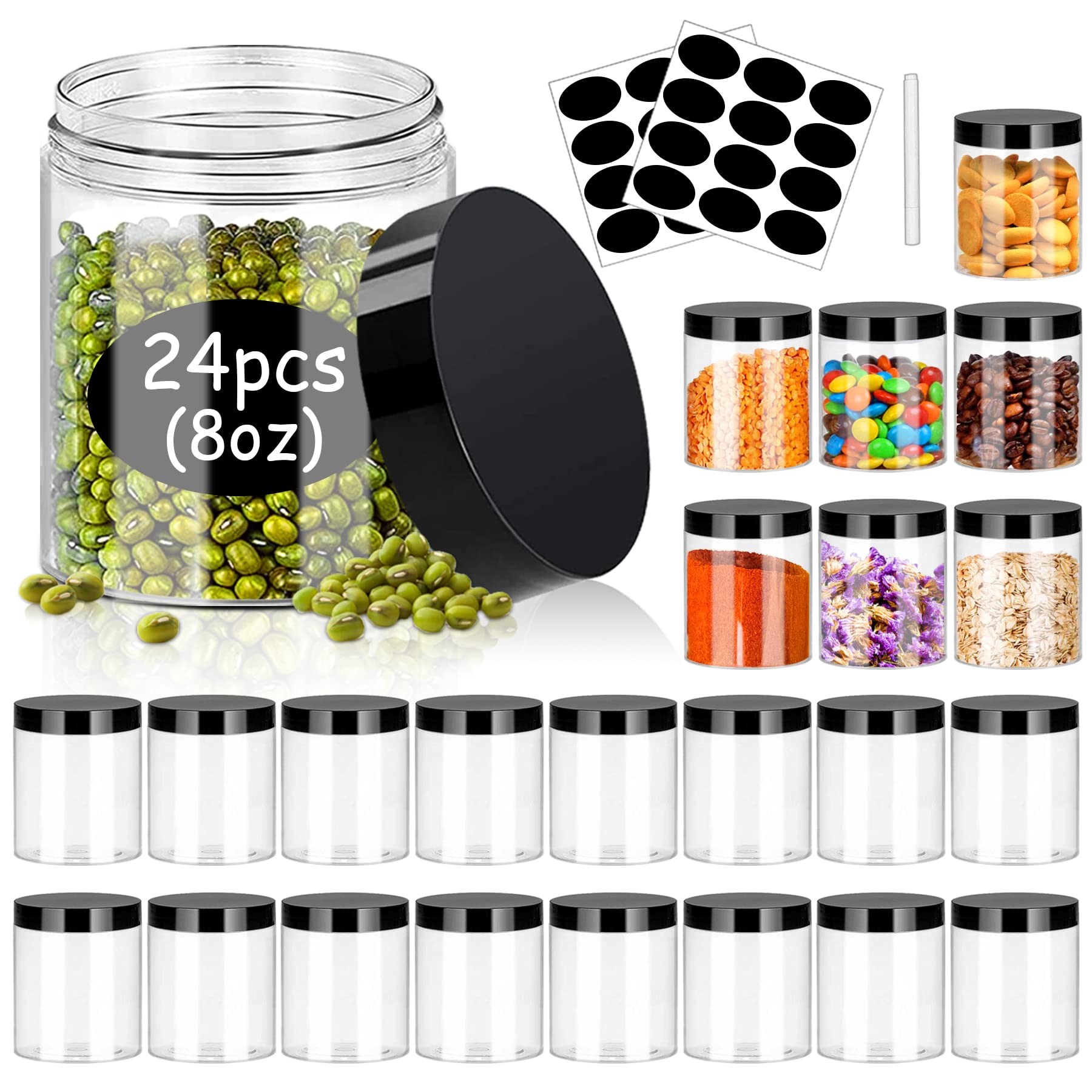 SLifeJars 8oz Plastic Jars with Lids 24 Pack Clear Plastic Slime Containers Stackable Round Empty Clear Jars with Black Lids Pen Labels Refillable Slime Jars for Kitchen Storage Spices Dry Food