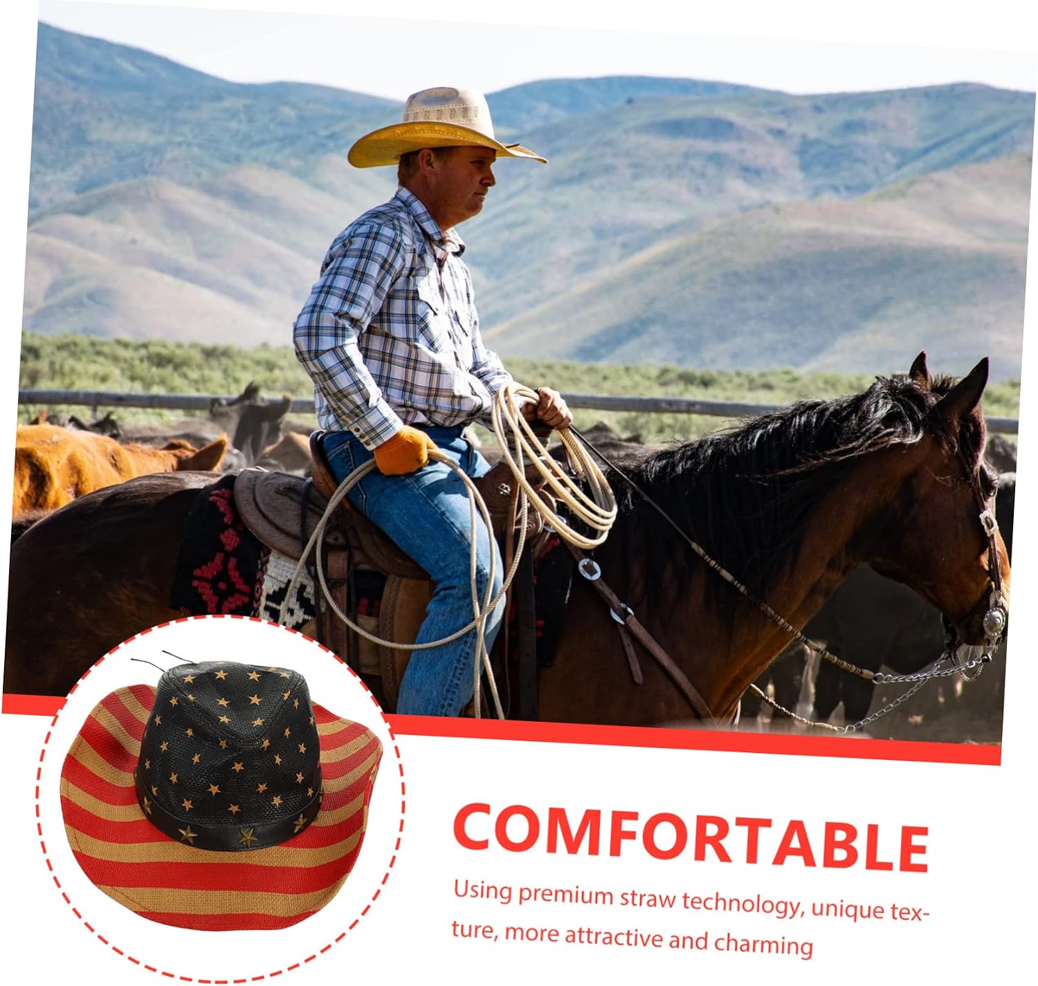 FOMIYES USA Flag Western Cowboy Hat Premium Straw Sun Block Hat for Men Women Fits Fashionable Design for Parties Outdoor Activities Durable Comfortable