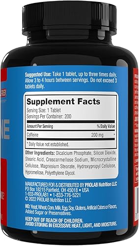 Miniatura 4 de ProLab Tabletas de cafeína de 200 mg - 200 ct  Apoyo energético, ayuda a mejorar la resistencia y el enfoque mental, reduce la fatiga,