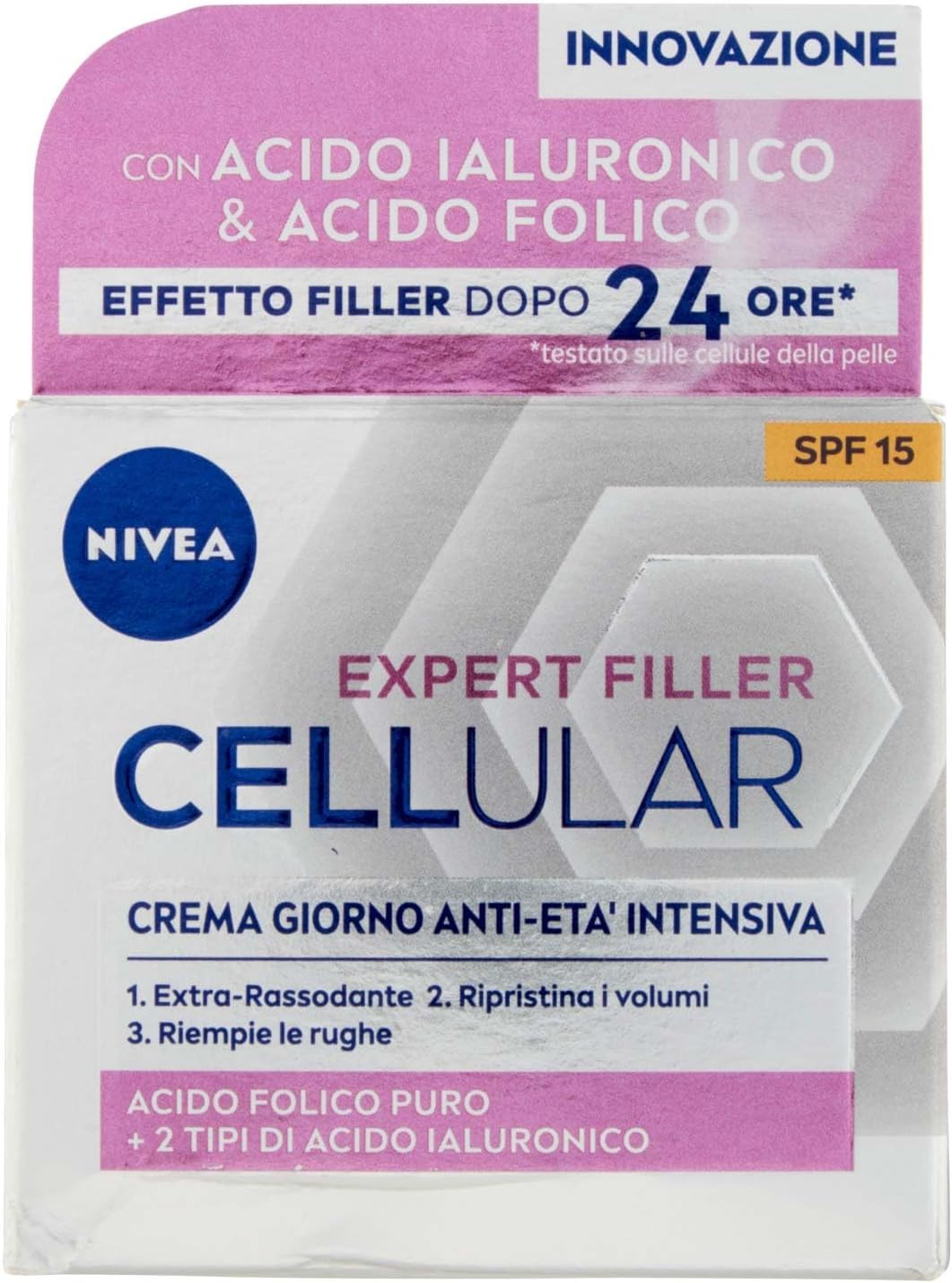 NIVEA CELLULAR EXPERT FILLER dagcrème, intensief tegen veroudering, SPF 15, 50 ml, antirimpel, verstevigend hyaluronzuur en puur foliumzuur, vochtinbrengende crème, gezicht, anti-aging