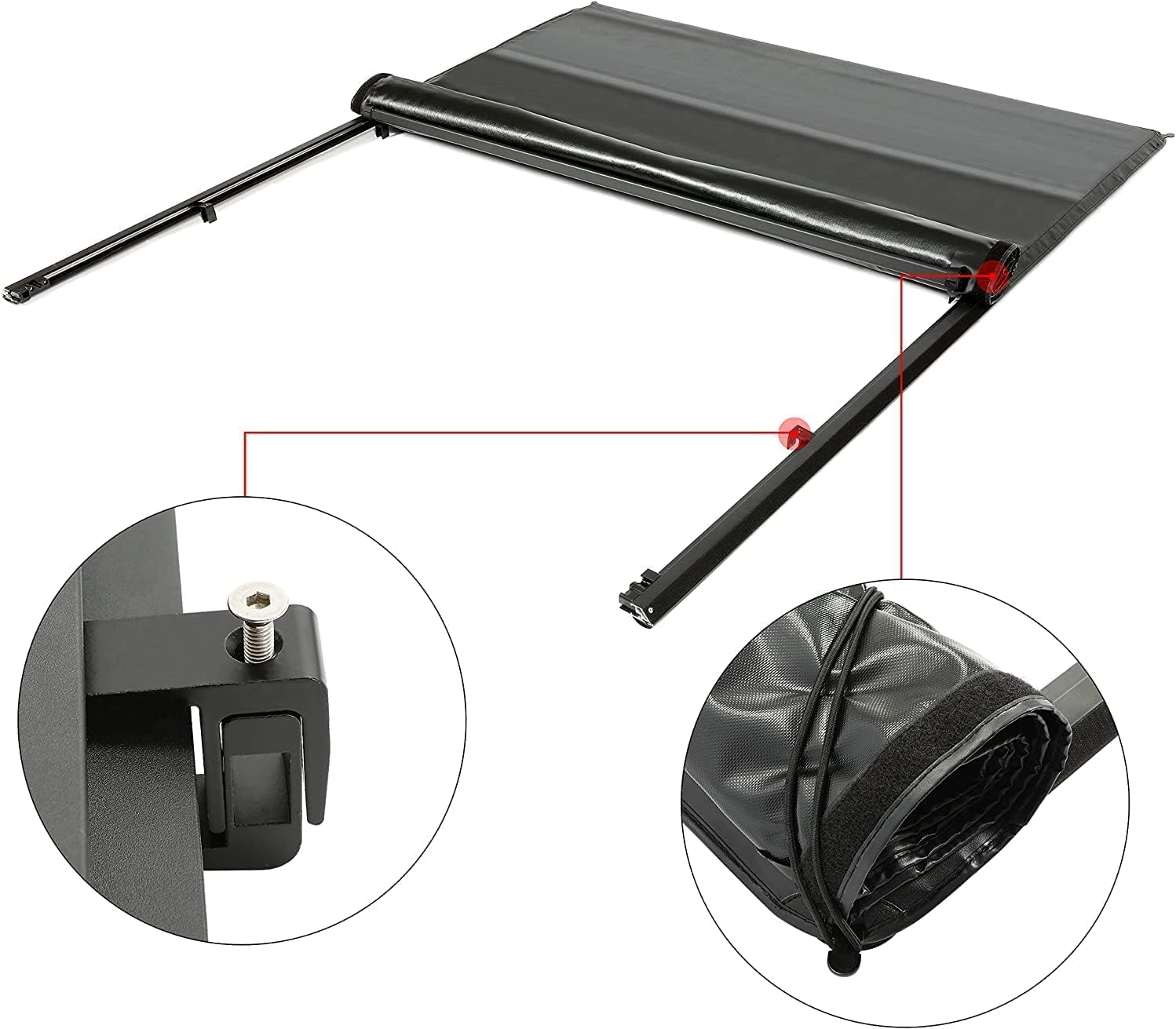 Close-up of tonneau cover clamp mechanism and Velcro attachment