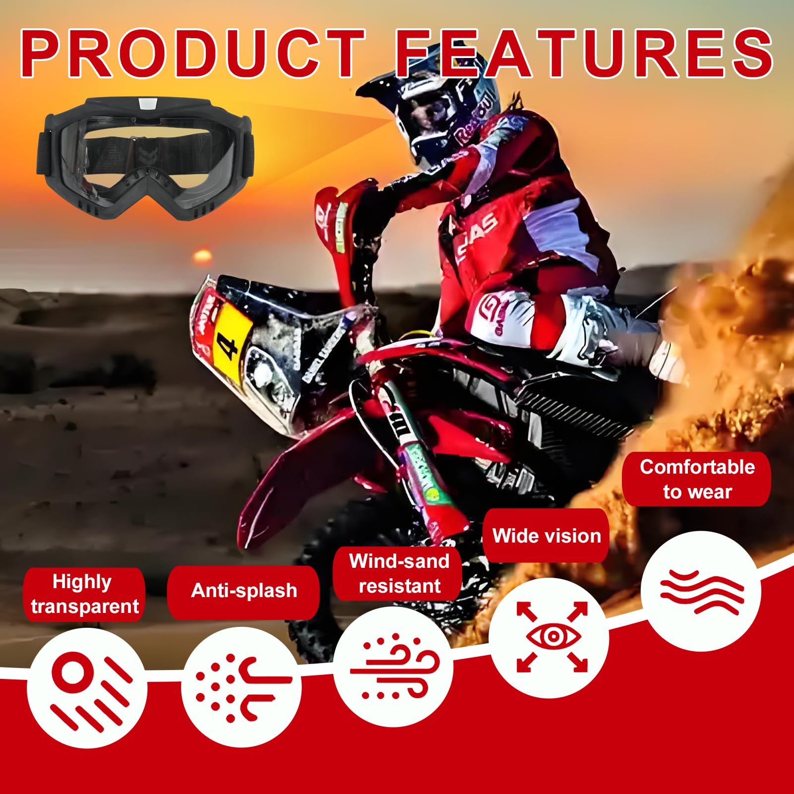 Okulary motocrossowe, ochrona UV400, okulary MTB, Dirt Bike, pyłoszczelne i wiatroszczelne, elastyczna rama TPU i soczewki PC, odpowiednie do noszenia okularów