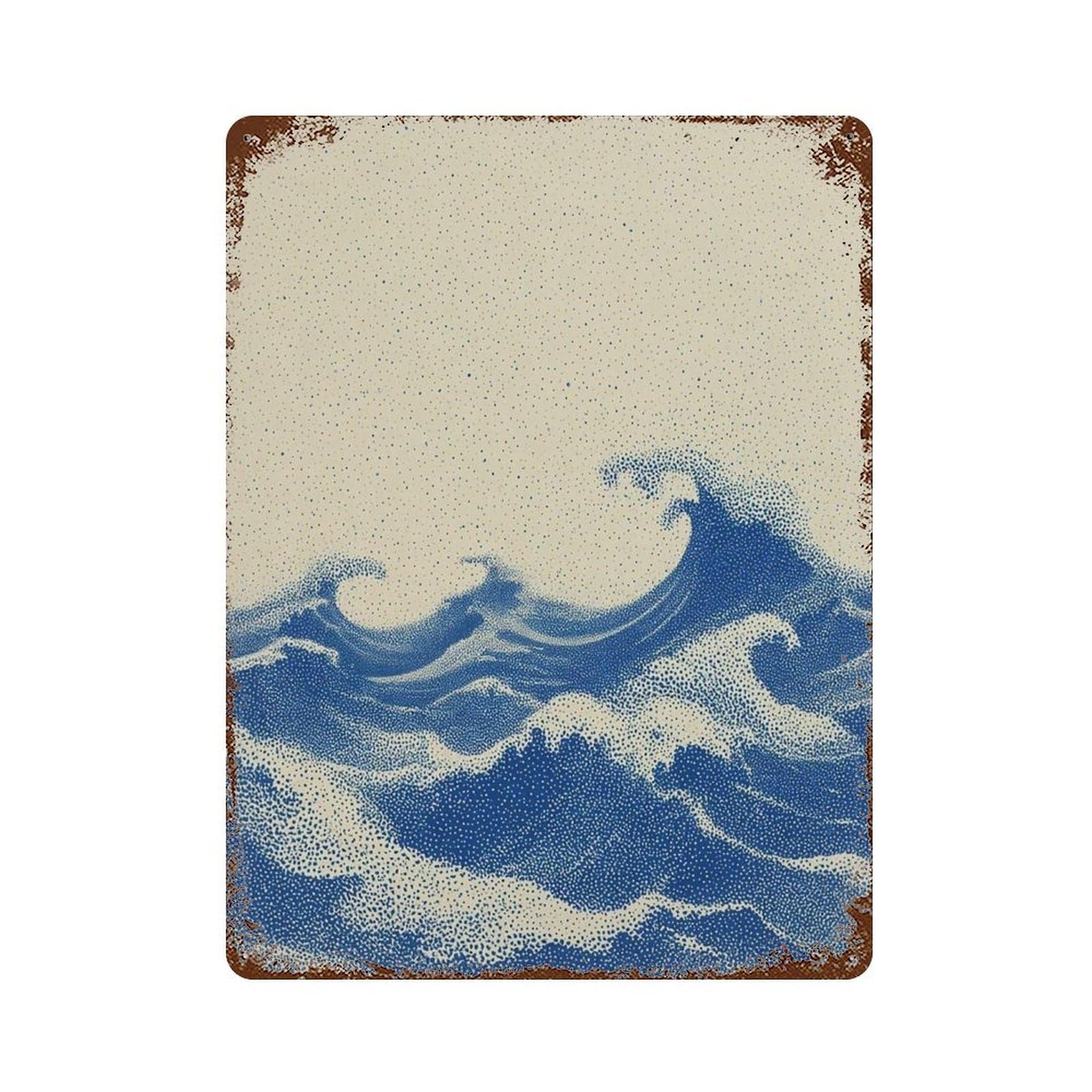 xiaoxiaoshen Blue Ocean Waves Dotwork Japanese Style Seascape Minimalist Wave Modern Zen Coas Wall Decor Art Metal Tin Poster Modern Home Decor Art Home Bar Shop Decorations Vintage Sign 40x30cm