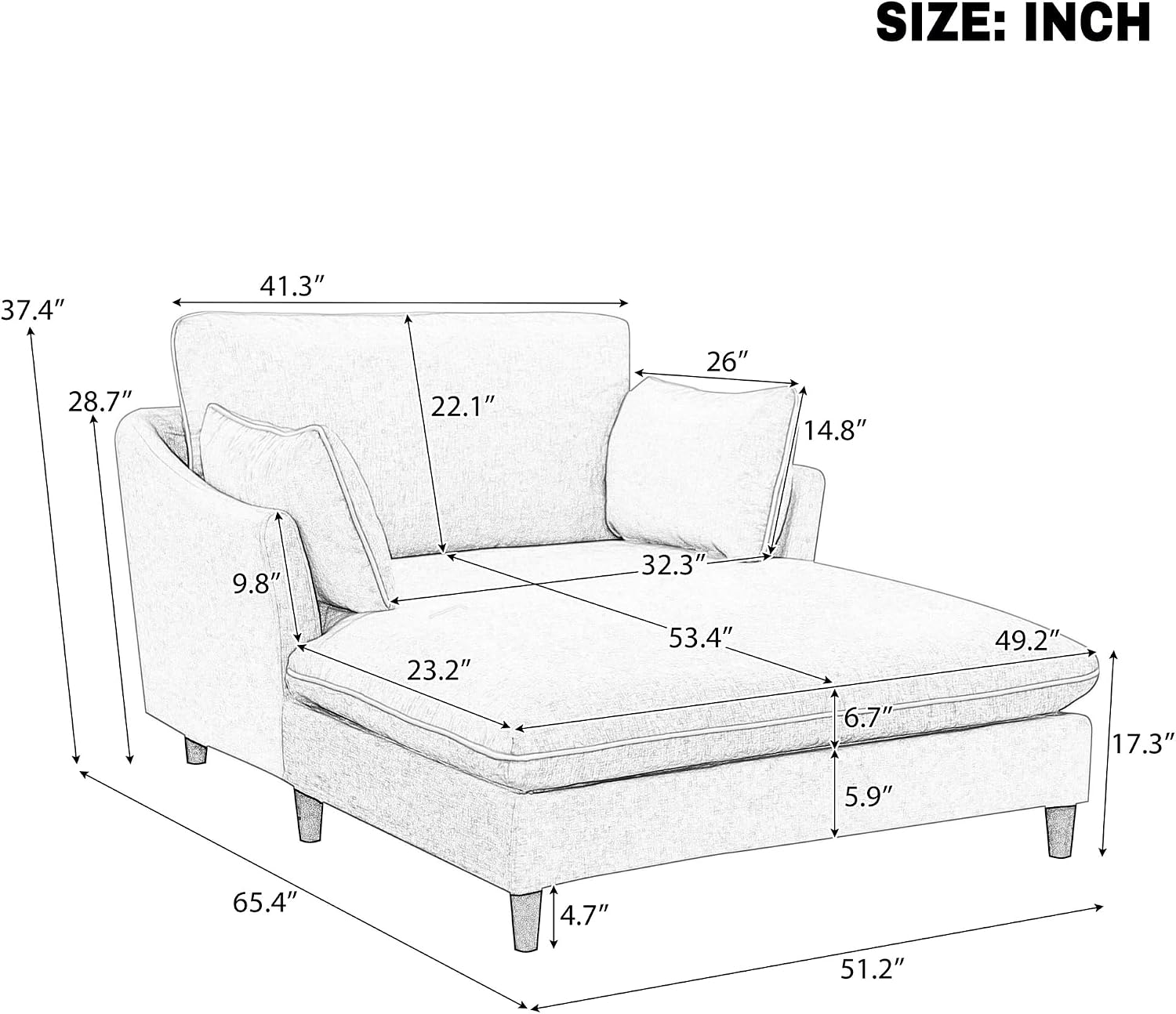 P PURLOVE Modern Chaise Lounge Couch Sleeper Sofa with Pillows for Living Room and Bedroom (Black)