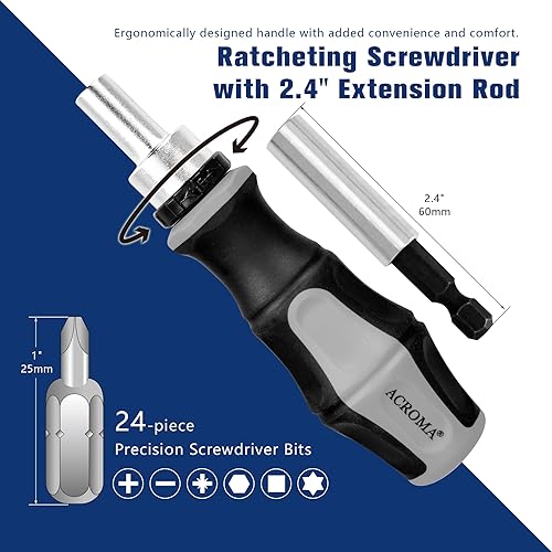 Miniatura 3 de Acroma Juego de destornilladores todo en uno de 32 piezas 4 destornilladores esenciales de hoja S2 (SL5, SL6, PH1, PH2), mango de trinquete, 24
