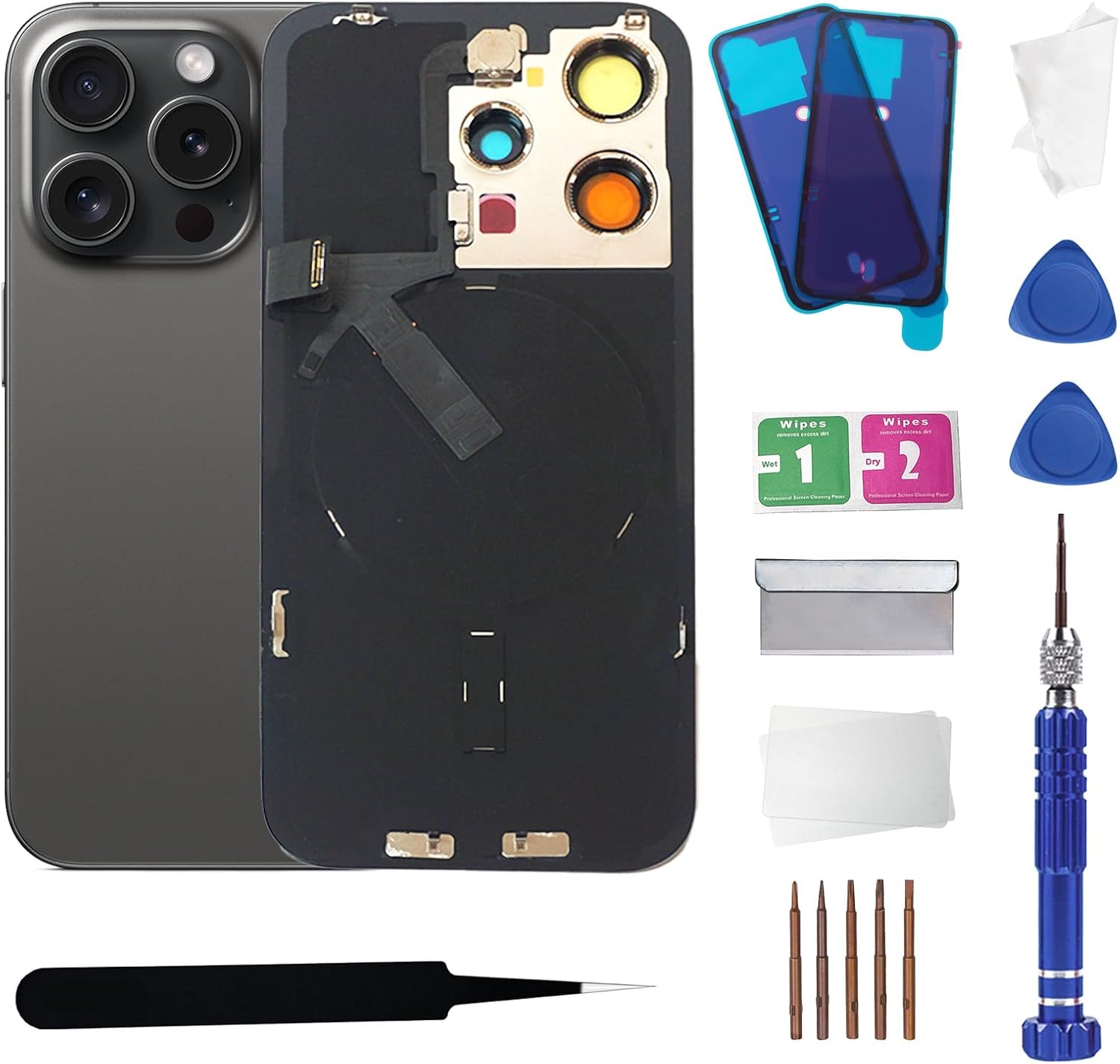 15 Pro Max Back Glass Replacement with Wireless Charging Flex Cable and Camera Frame All Parts for iPhone 15 Pro Max(6.7Inch,Natural Titanium) Replacement of Equipment Waterproof Tape