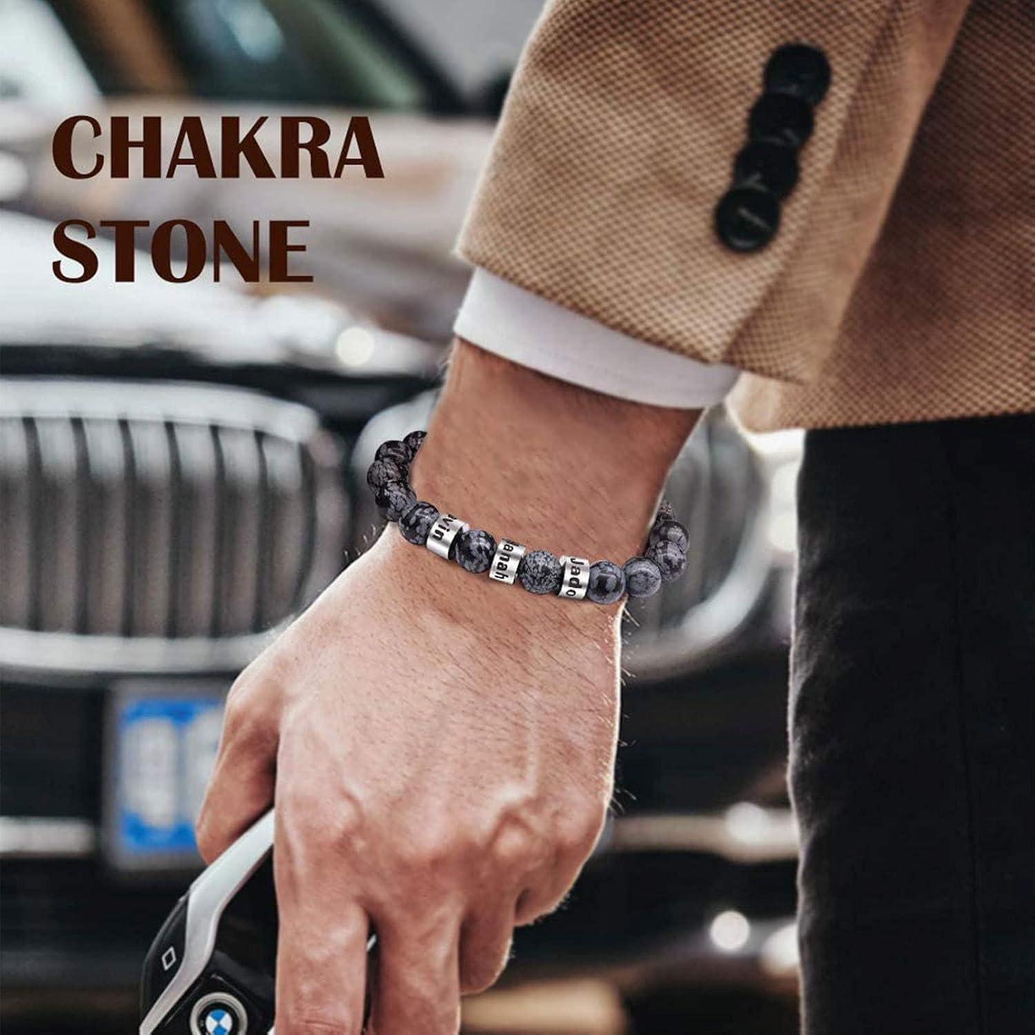 BAUMA AUTO Personalized Stone Beads Bracelets with 1-5 Names Tiger Eye Stone Bracelet Stone Beads Bracelets for Men Husband Grandpa Father's Day Christmas