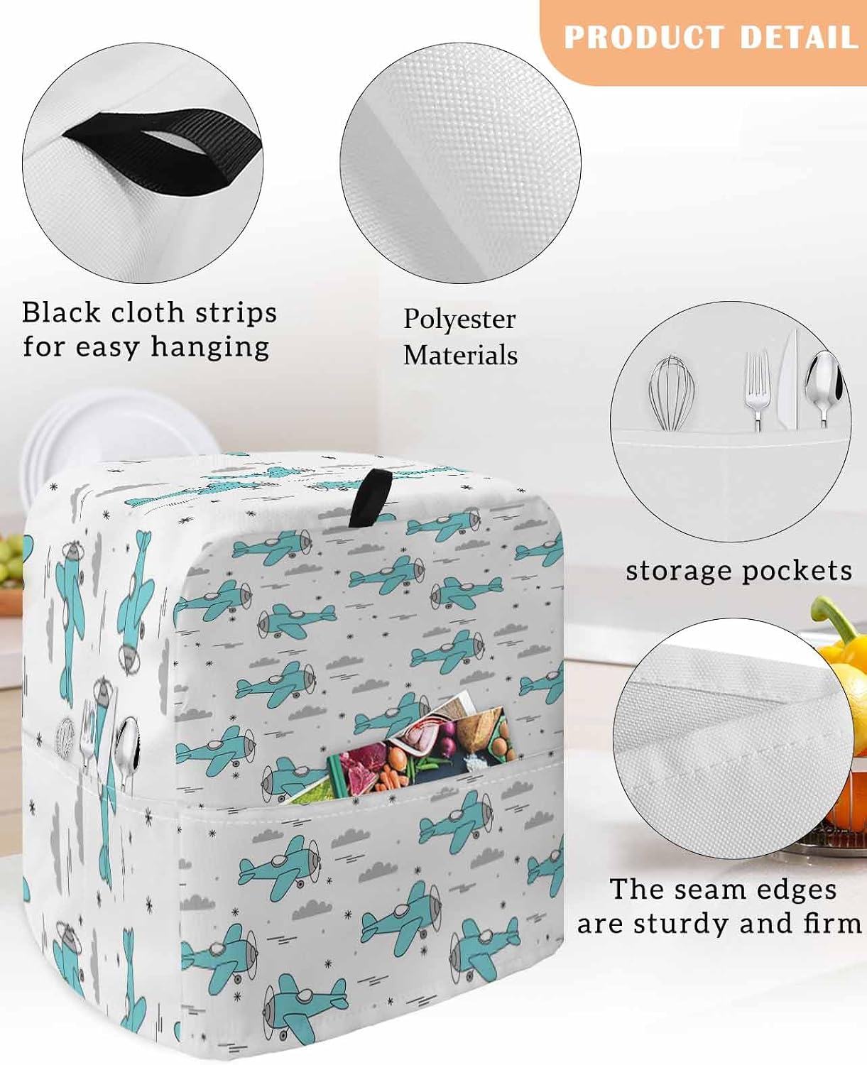Turquoise Airplane Stand Mixer Cover with Storage Pocket, Waterproof Kitchen Mixer Covers, Modern Abstract Art Cartoon Clouds Kitchen Appliance Dust Cover Compatible with 5-8 Quart Mixers