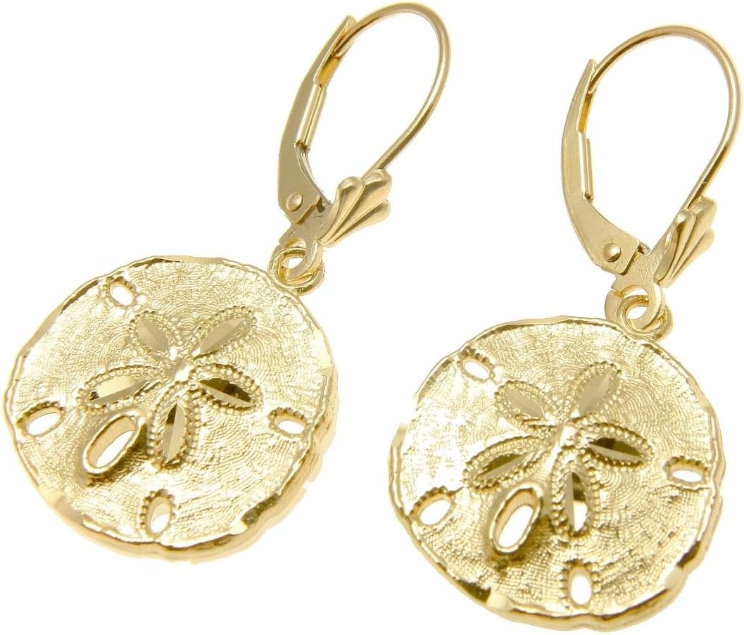 14K yellow gold Hawaiian 16mm diamond cut sand dollar dangle leverback earrings
