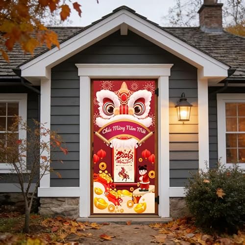 KYMY Vietnamese New Year Door Cover, 2026 Asian Spring Festival Front Door Banne