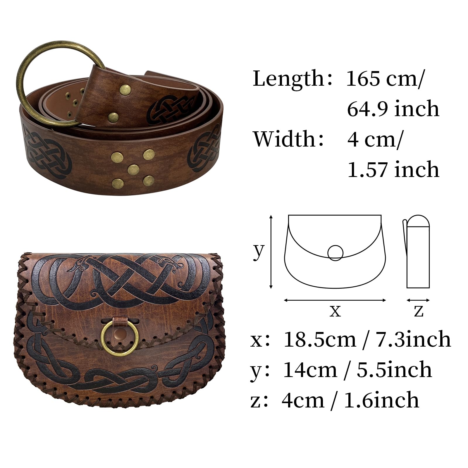 HiiFeuer Ceinture médiévale avec Anneau torique en Relief Nordique, Ceinture Vintage en Cuir synthétique et Poche latérale pour LARP