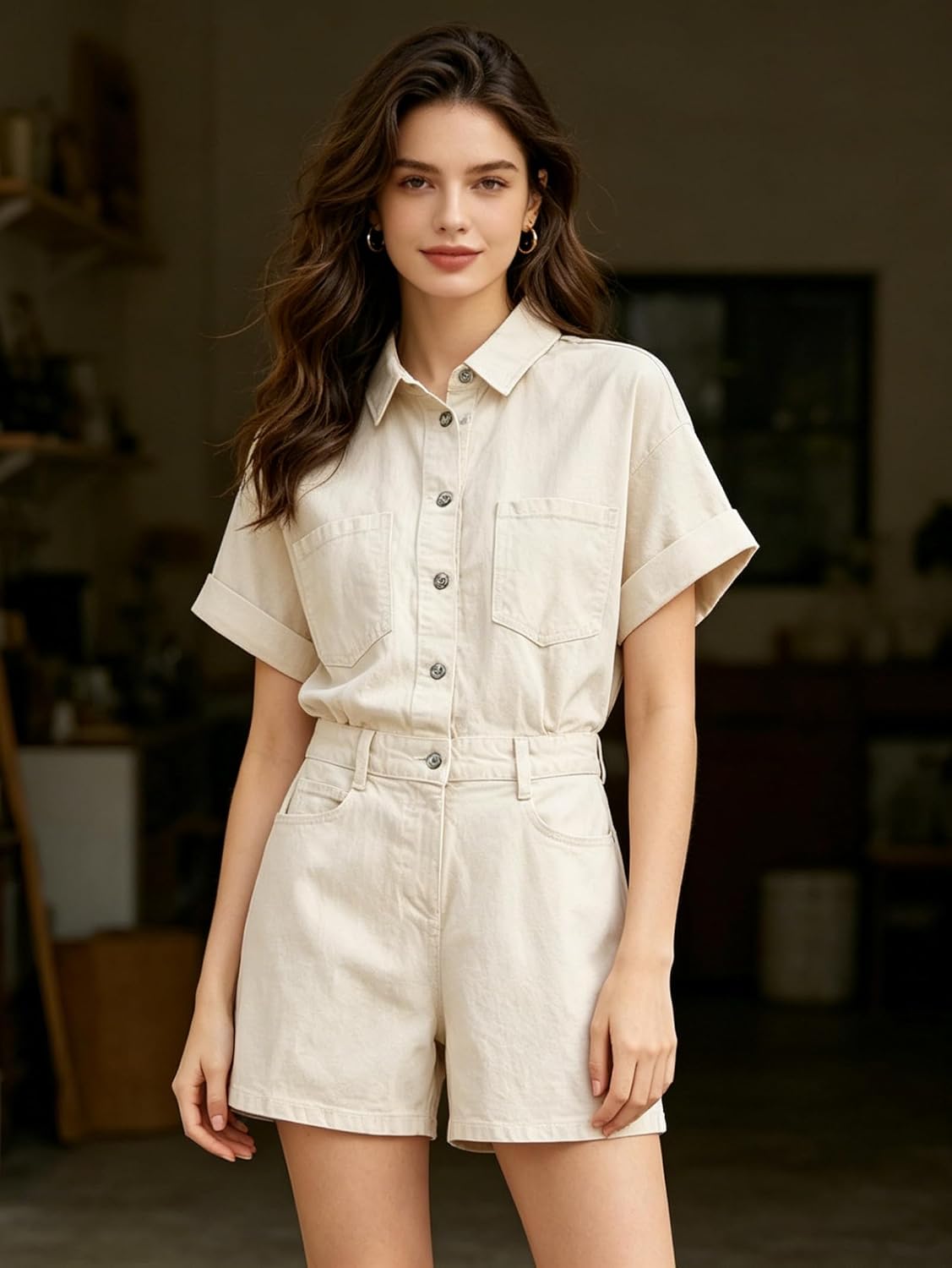 Women's Button down Pockets Belted Washed Denim Jumpsuits Rompers, Summer Lapel Short Cuffed Sleeve Jean Romper Shorts