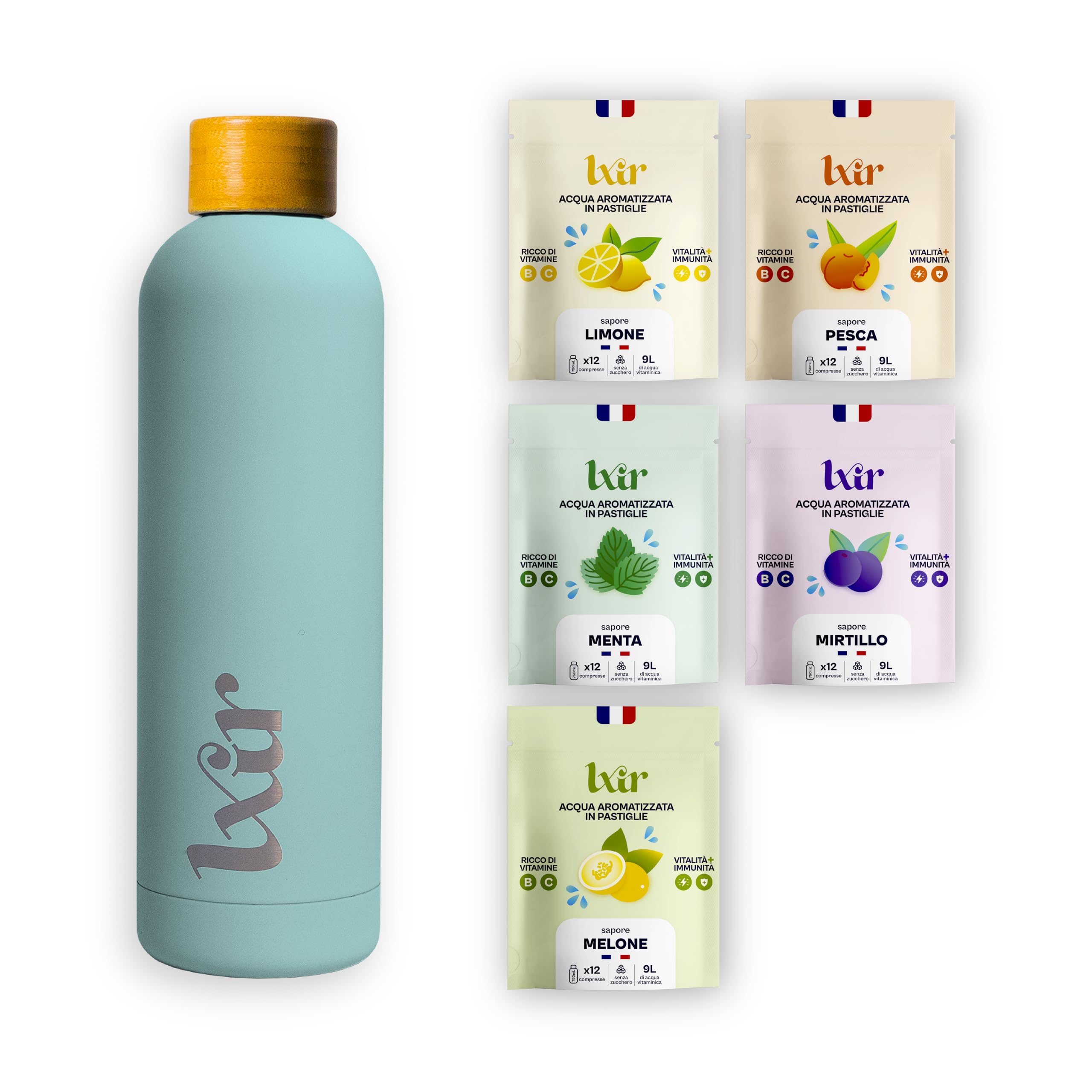 LXIR DRINK – Compresse Aromatizzanti Senza Zucchero - Bevanda Multivitaminica con Vitamine C e B - Idratazione, Bellezza della Pelle, Vitalità - 60 Compresse + 1 Borraccia Blu