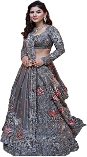 Generic Women's Net Lehenga Choli (Len-101_Grey_Free Size)